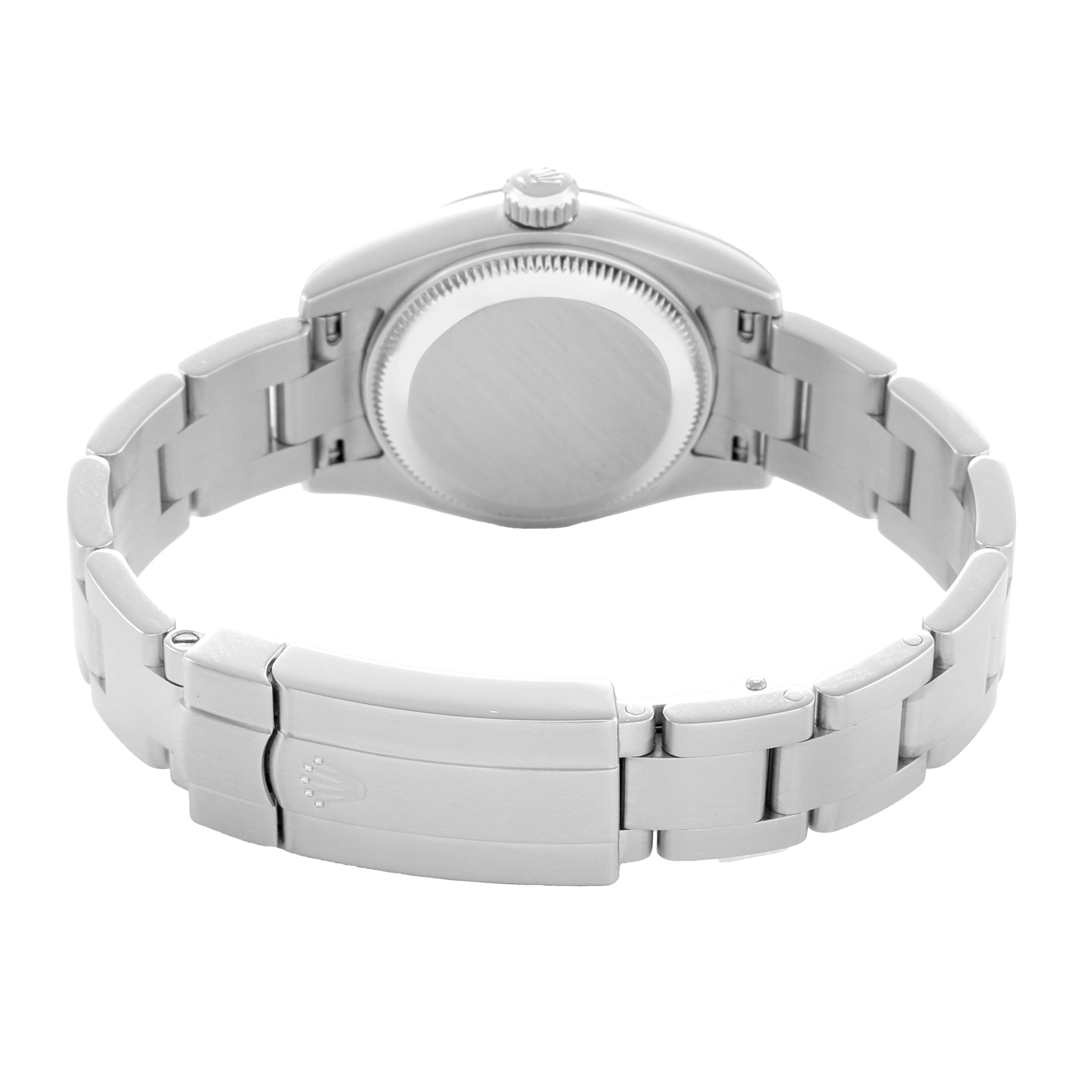 The image shows the back of a Rolex Oyster Perpetual 176234 Women
s Stainless Steel Black Dial watch, highlighting the case back and bracelet with the clasp.