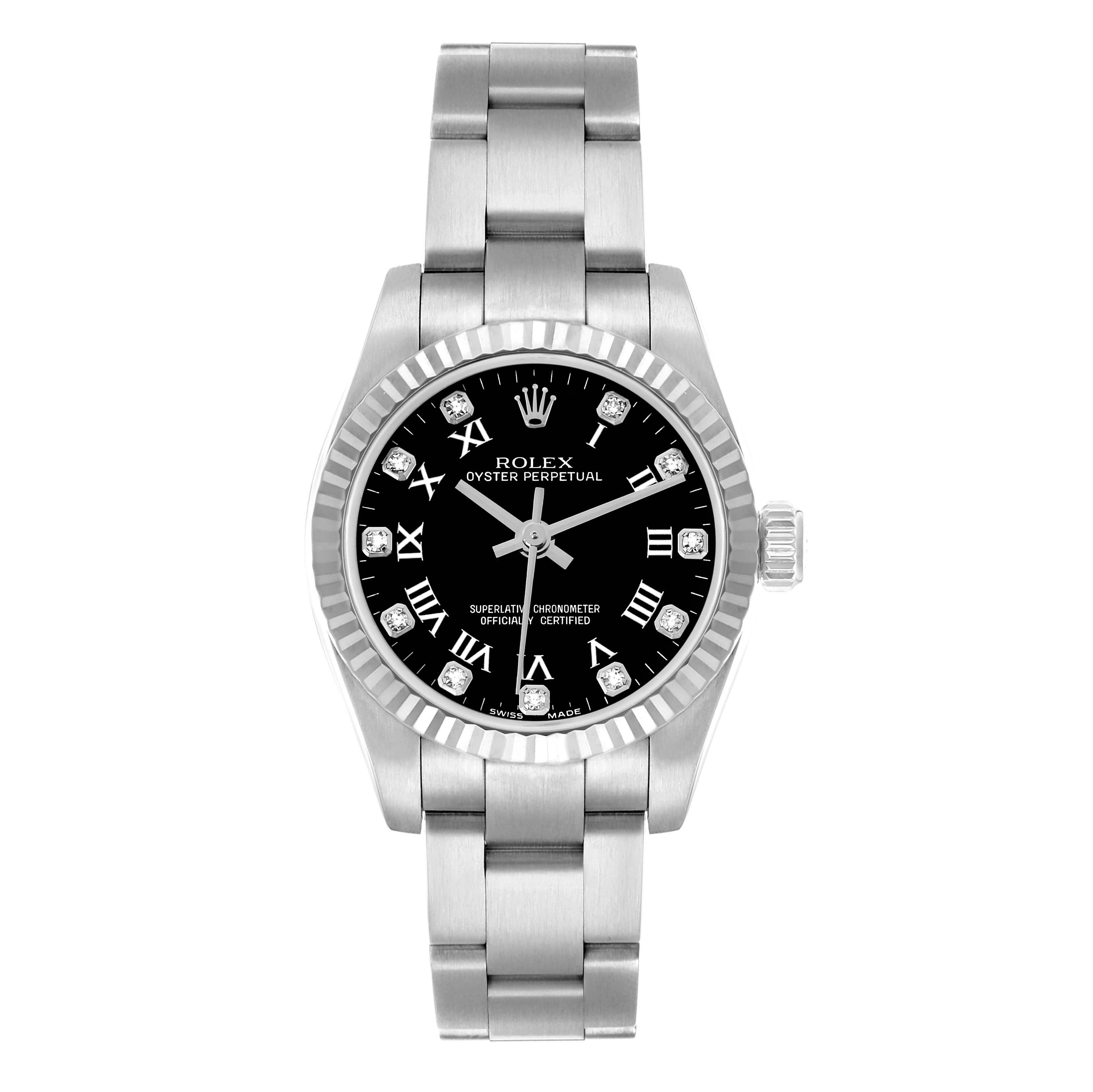 The Rolex Oyster Perpetual 176234 Women
s Stainless Steel Black Dial watch is shown from a front angle, highlighting the bezel, dial, hands, and bracelet.