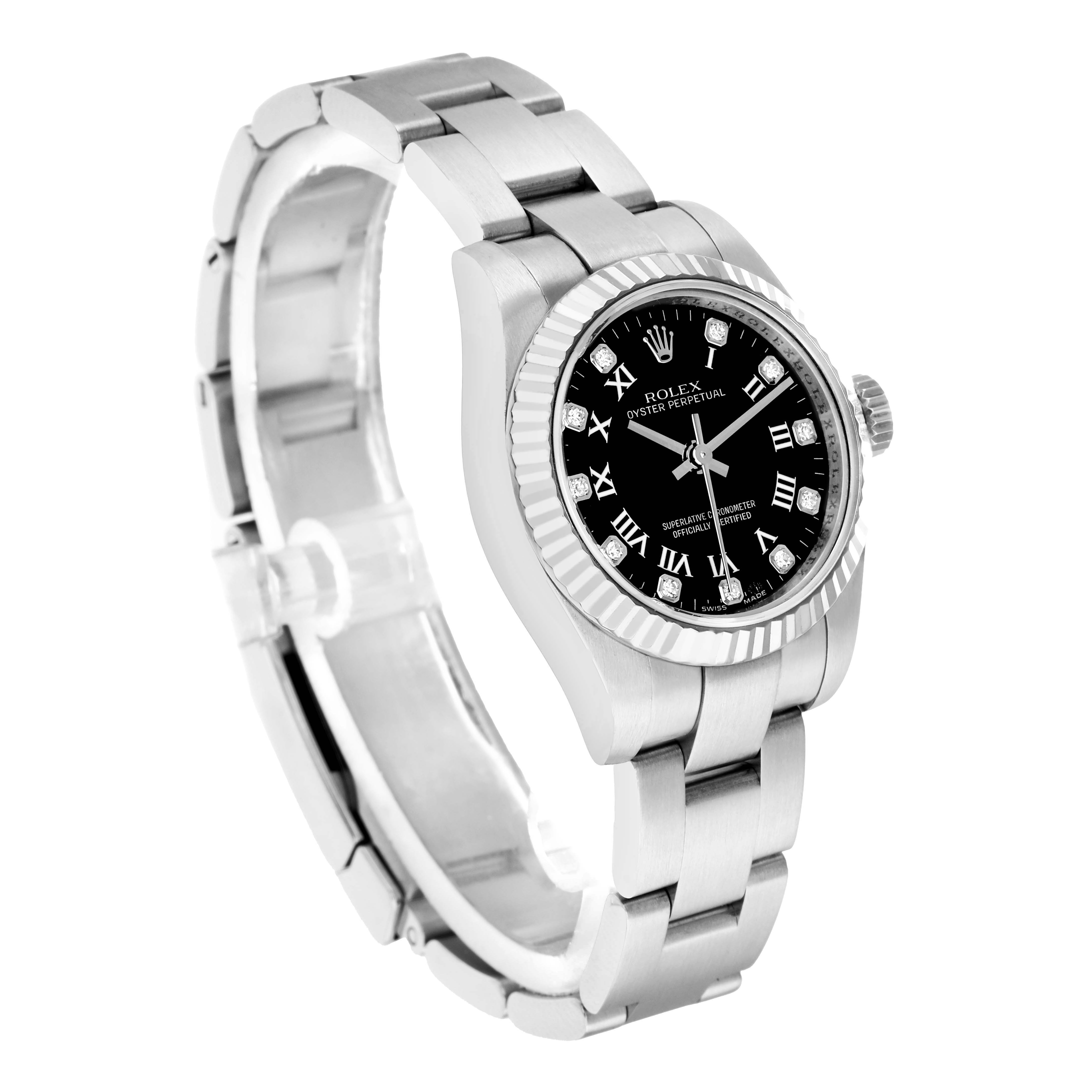 The Rolex Oyster Perpetual 176234 Women
s Stainless Steel Black Dial watch is shown at a three-quarter angle, displaying the bracelet, bezel, and black dial with Roman numerals.