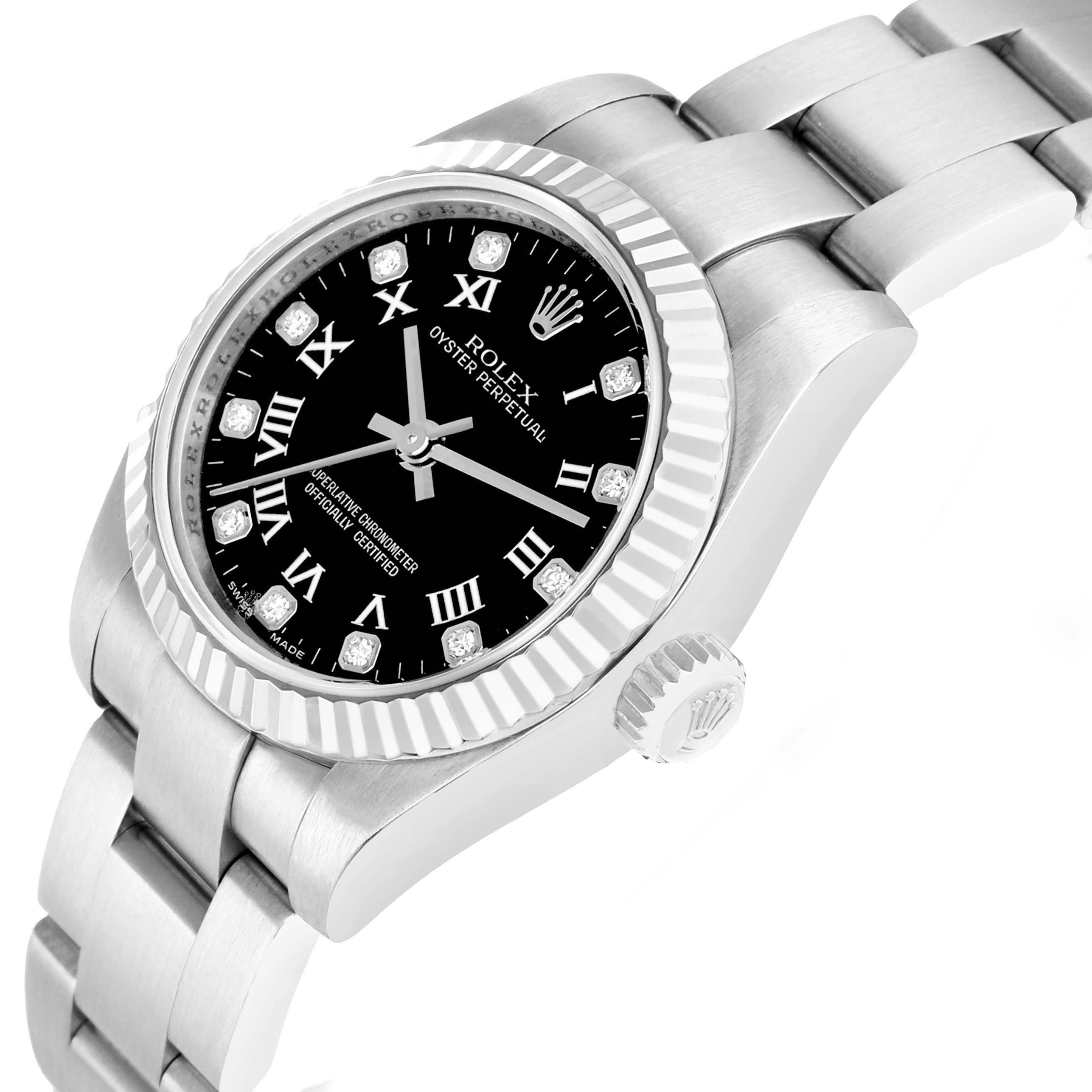 The Rolex Oyster Perpetual 176234 Women
s Stainless Steel Black Dial watch is shown at a slight angle, displaying the face, bezel, case, crown, and bracelet.