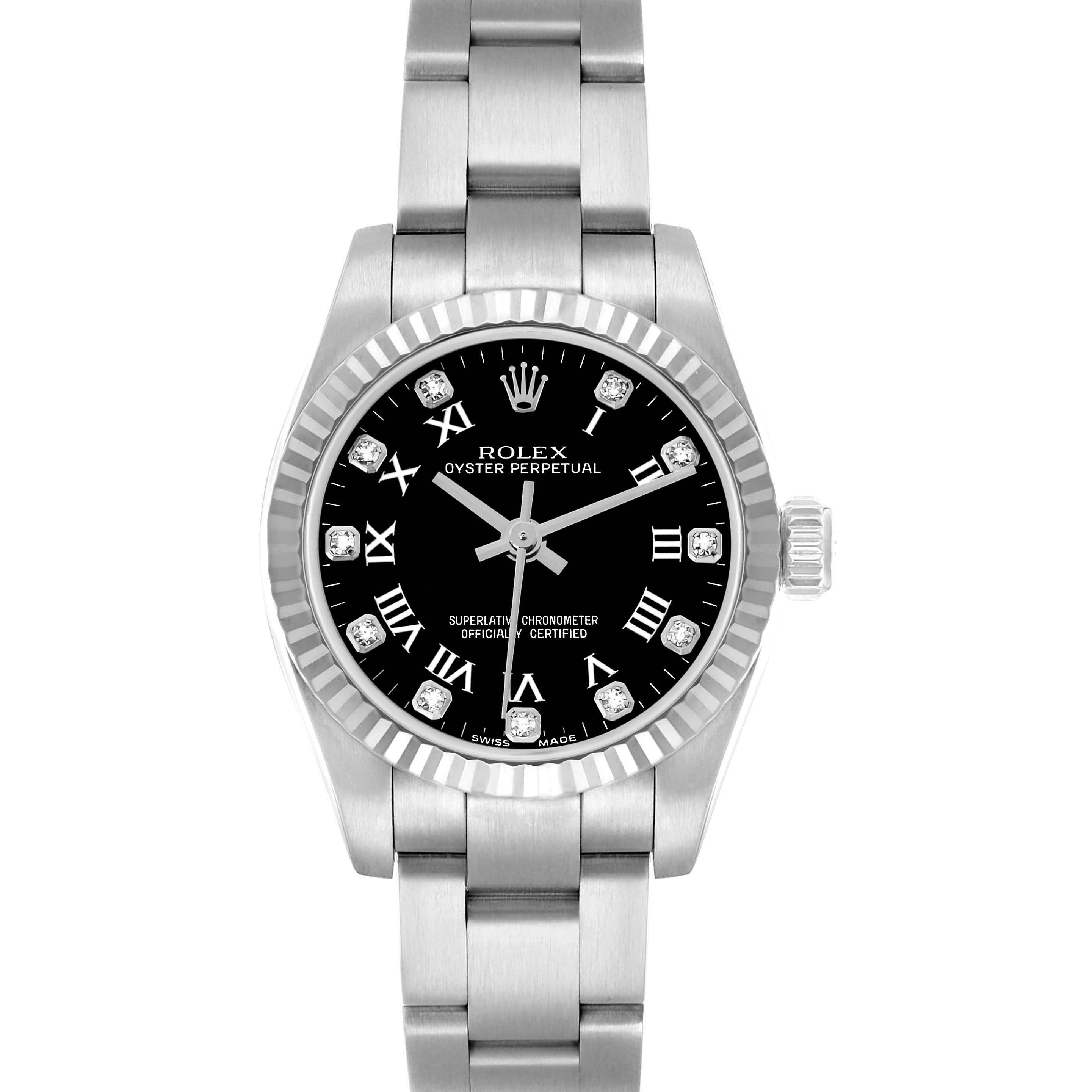 The Rolex Oyster Perpetual 176234 Women
s Stainless Steel Black Dial watch is shown from a top-down angle, displaying the face, bezel, crown, and bracelet.