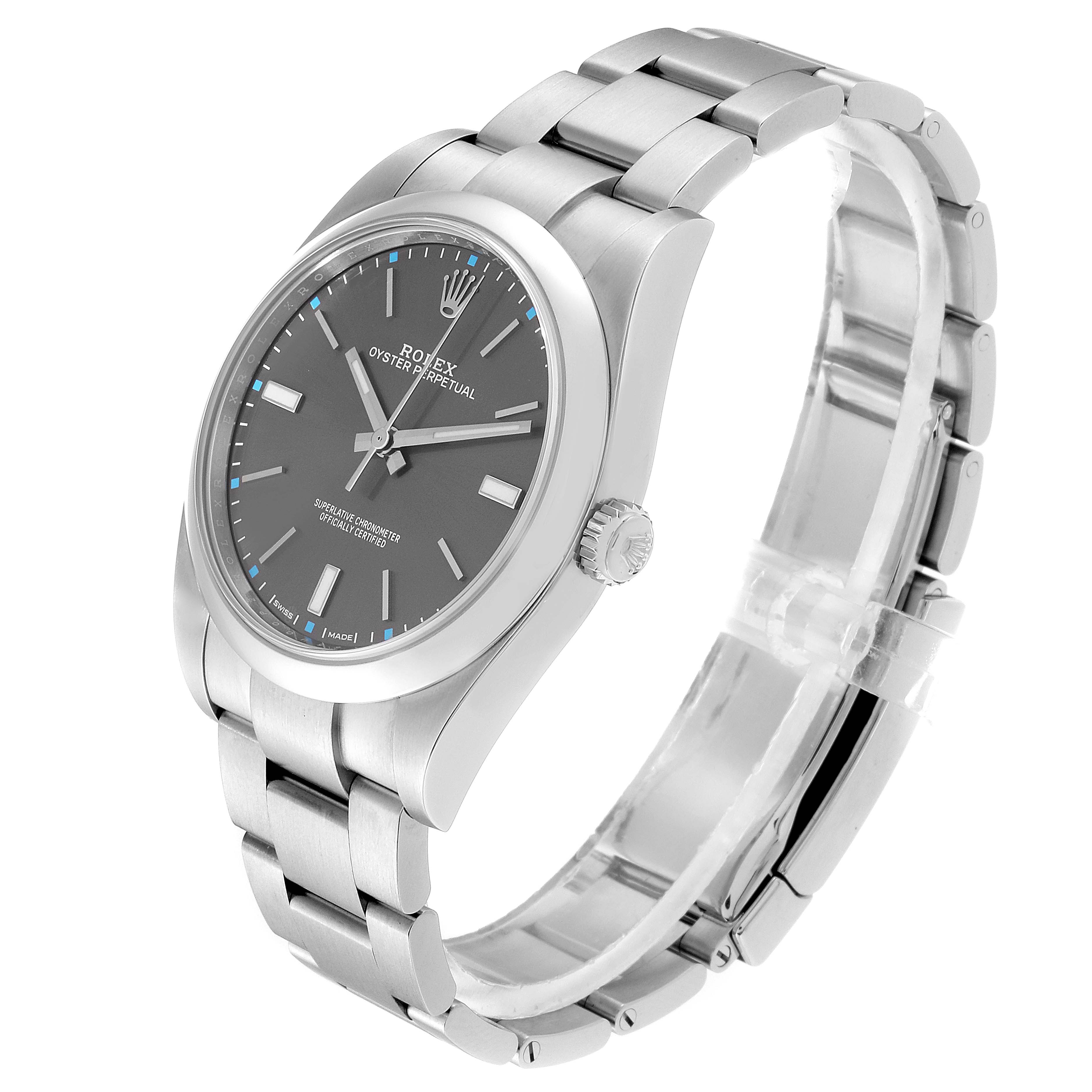 This image shows a Rolex Oyster Perpetual 114300 Men's Stainless Steel Silver Dial 114300 Men's Stainless Steel Silver Dial watch at a three-quarter angle, highlighting its face, bezel, crown, and bracelet.