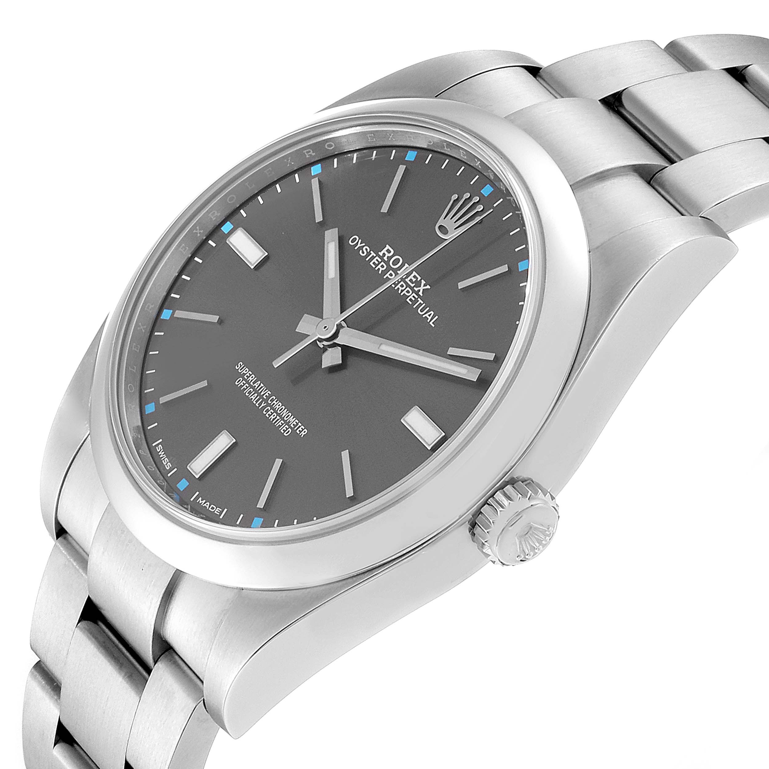 The image shows a Rolex Oyster Perpetual 114300 Men's Stainless Steel Silver Dial 114300 Men's Stainless Steel Silver Dial watch at an angled side view, displaying the crown, dial, and part of the bracelet.