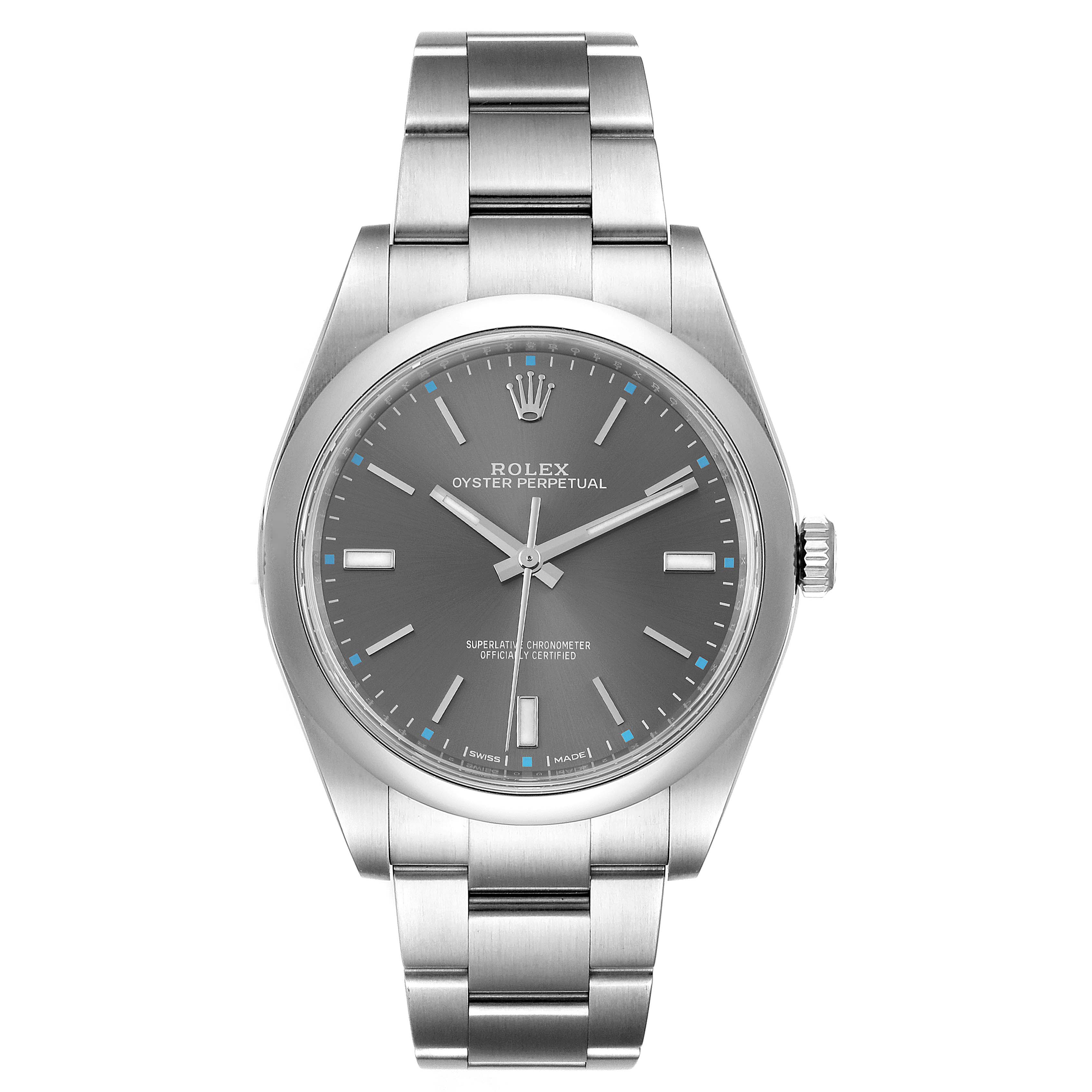 This image shows a frontal view of the Rolex Oyster Perpetual 114300 Men's Stainless Steel Silver Dial 114300 Men's Stainless Steel Silver Dial watch, highlighting its dial, bezel, and stainless steel bracelet.