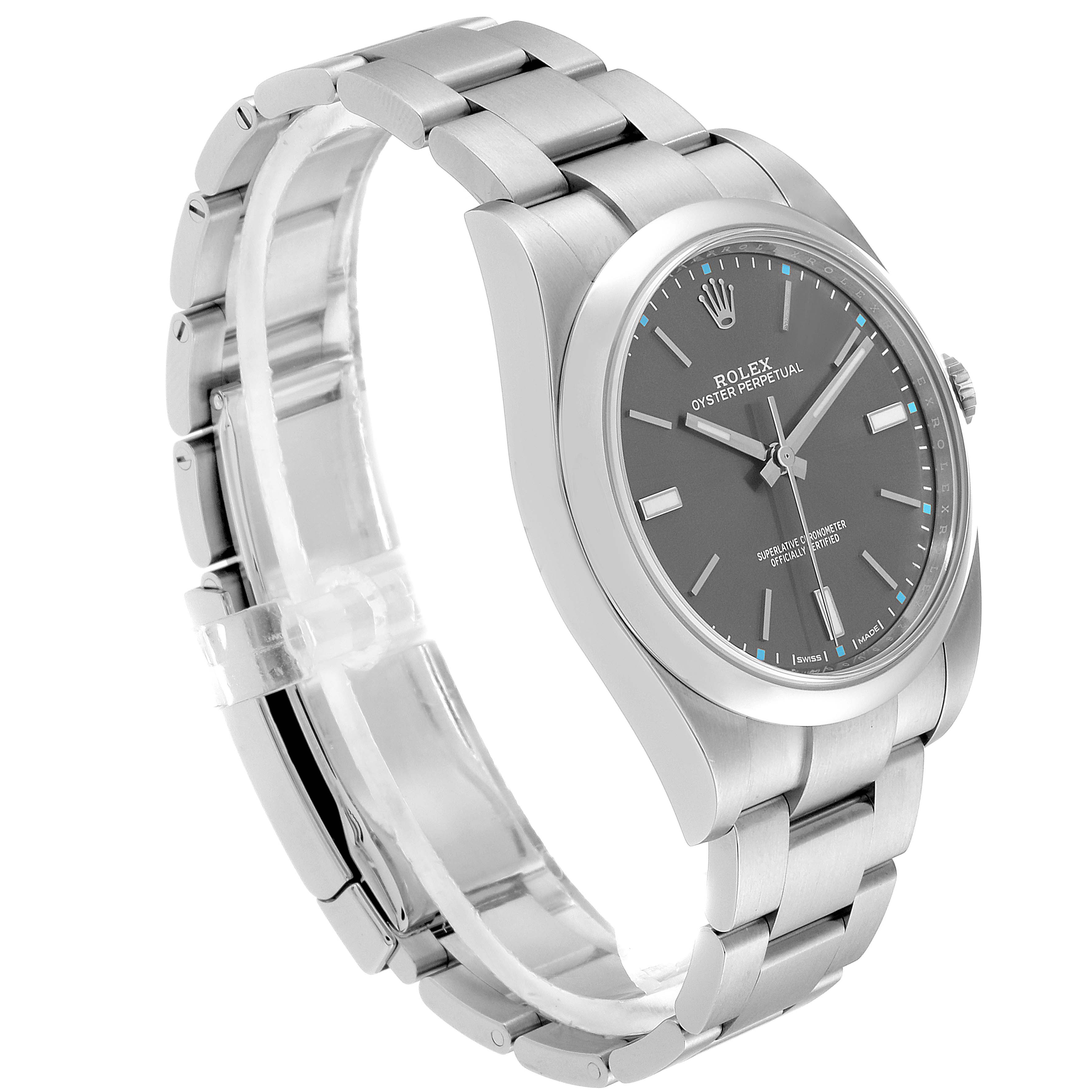 This image shows the Rolex Oyster Perpetual 114300 Men's Stainless Steel Silver Dial 114300 Men's Stainless Steel Silver Dial watch at an angled close-up, featuring the bracelet, bezel, and dial.