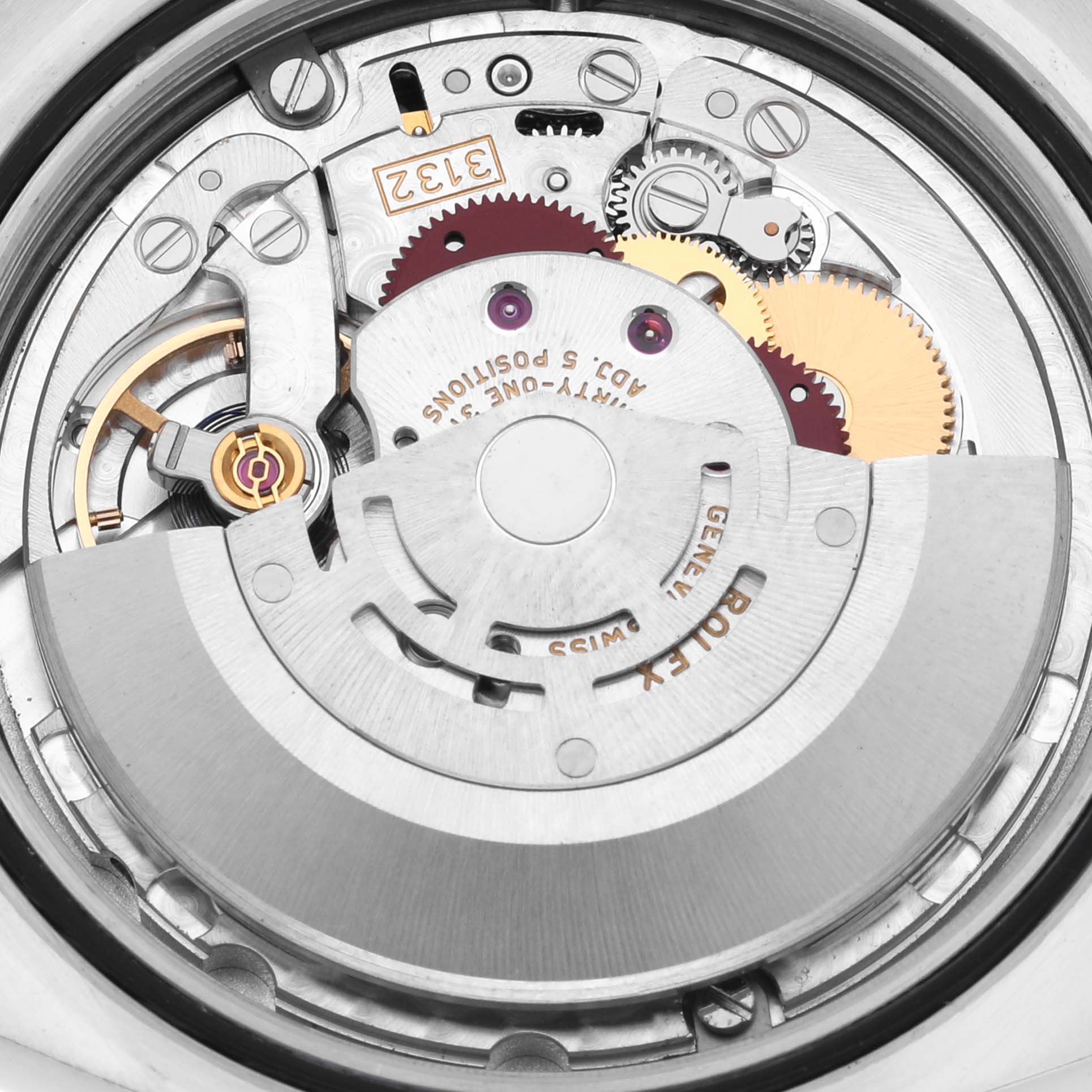 This image shows the internal movement mechanism of the Rolex Oyster Perpetual 114300 Men's Stainless Steel Grey Dial 114300 Men's Stainless Steel Grey Dial watch from a top-down angle.