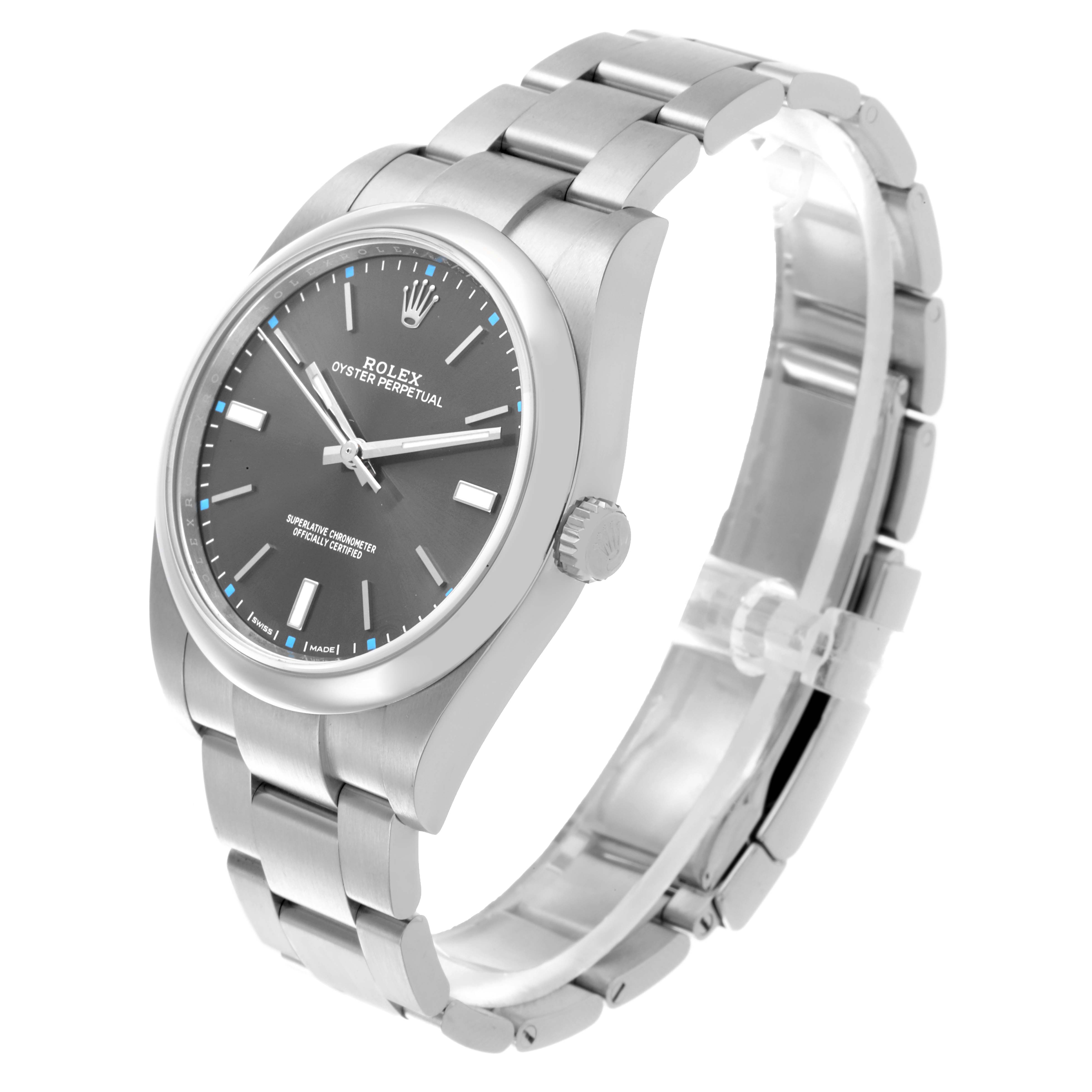 The Rolex Oyster Perpetual 114300 Men's Stainless Steel Grey Dial 114300 Men's Stainless Steel Grey Dial watch is shown at a three-quarter angle, displaying the face, bezel, and bracelet.