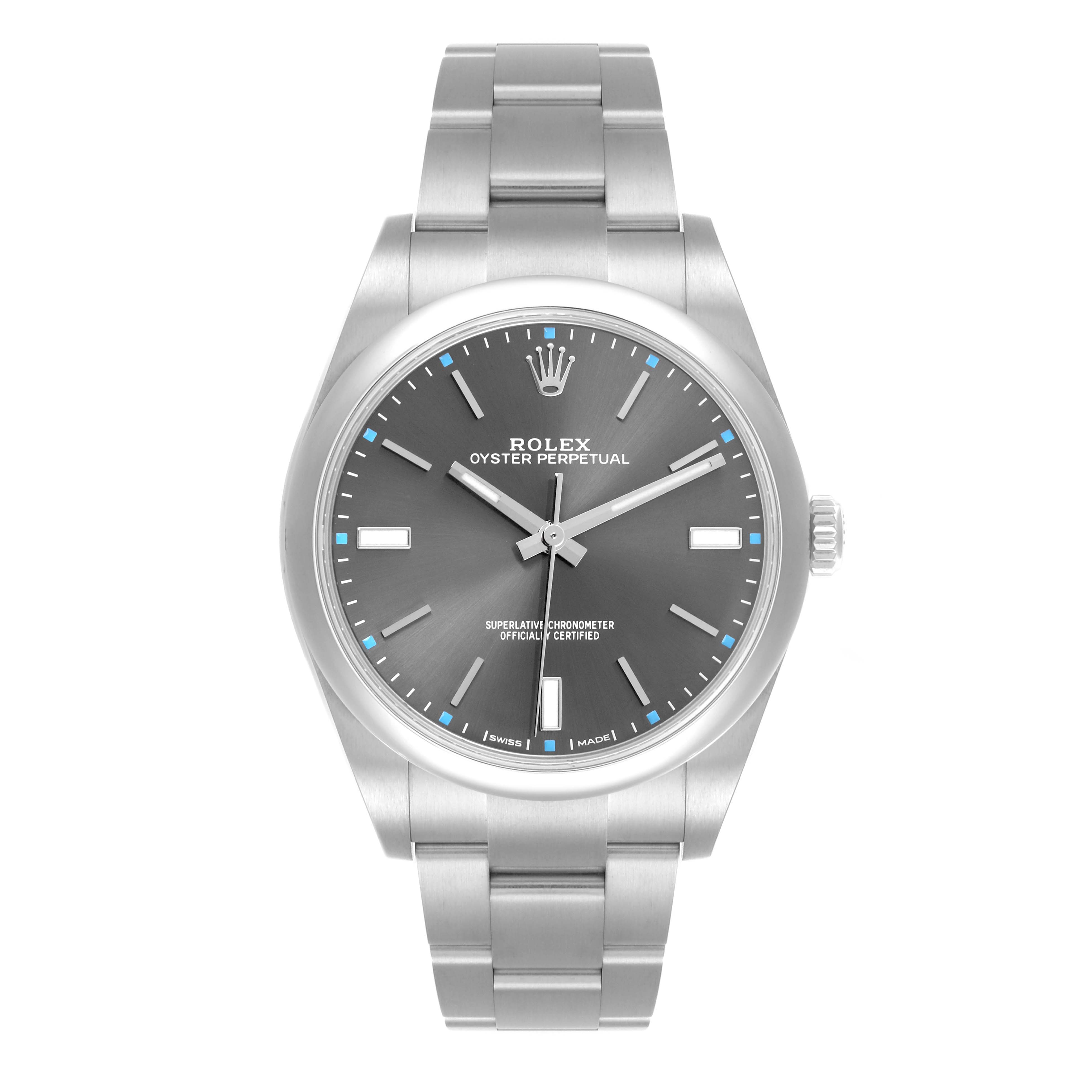 The Rolex Oyster Perpetual 114300 Men's Stainless Steel Grey Dial 114300 Men's Stainless Steel Grey Dial watch is shown from the front, displaying the dial, bracelet, and crown.