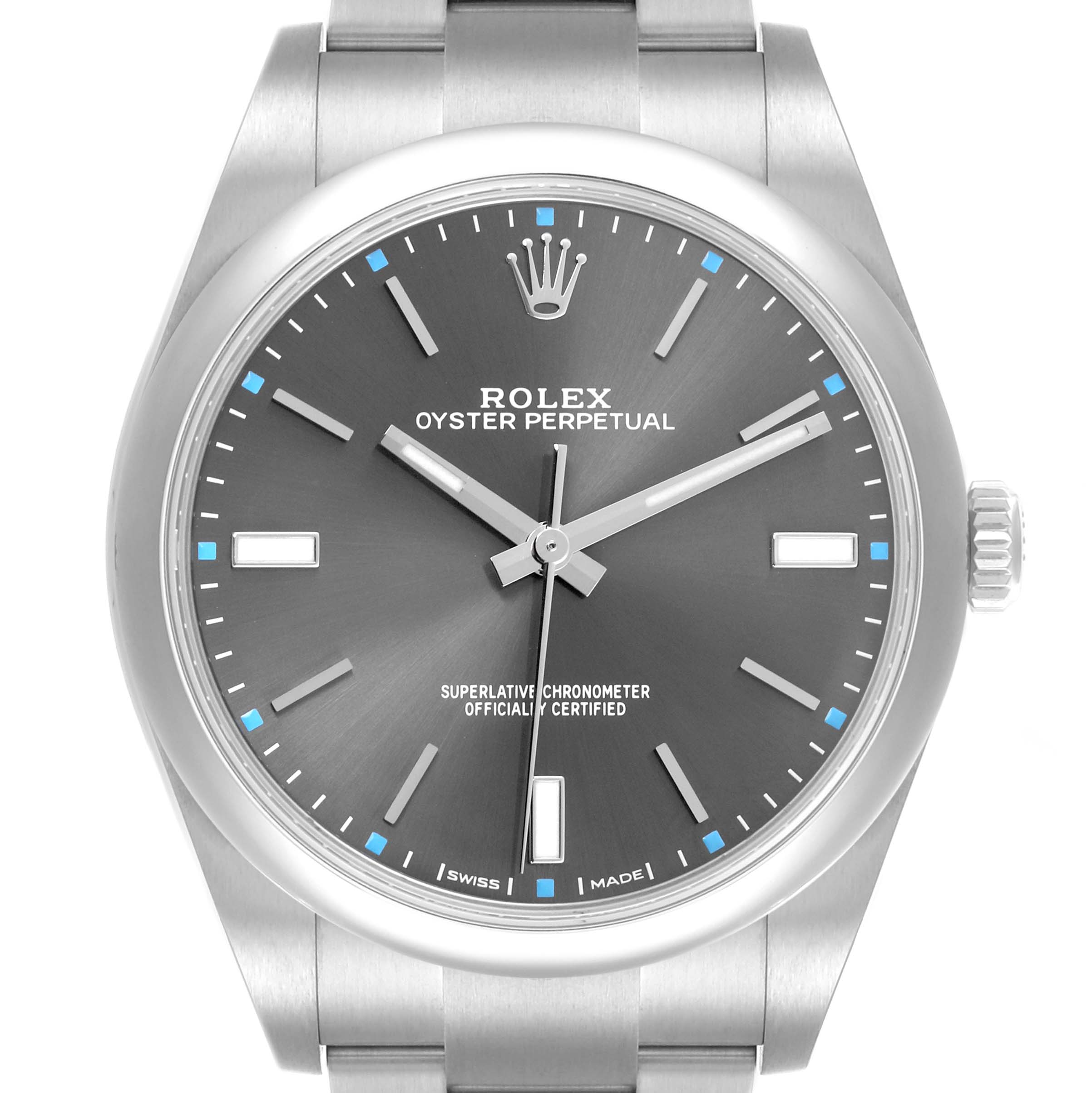 The image shows a front view of the Rolex Oyster Perpetual 114300 Men's Stainless Steel Grey Dial 114300 Men's Stainless Steel Grey Dial watch, highlighting the dial, hands, and part of the bracelet.
