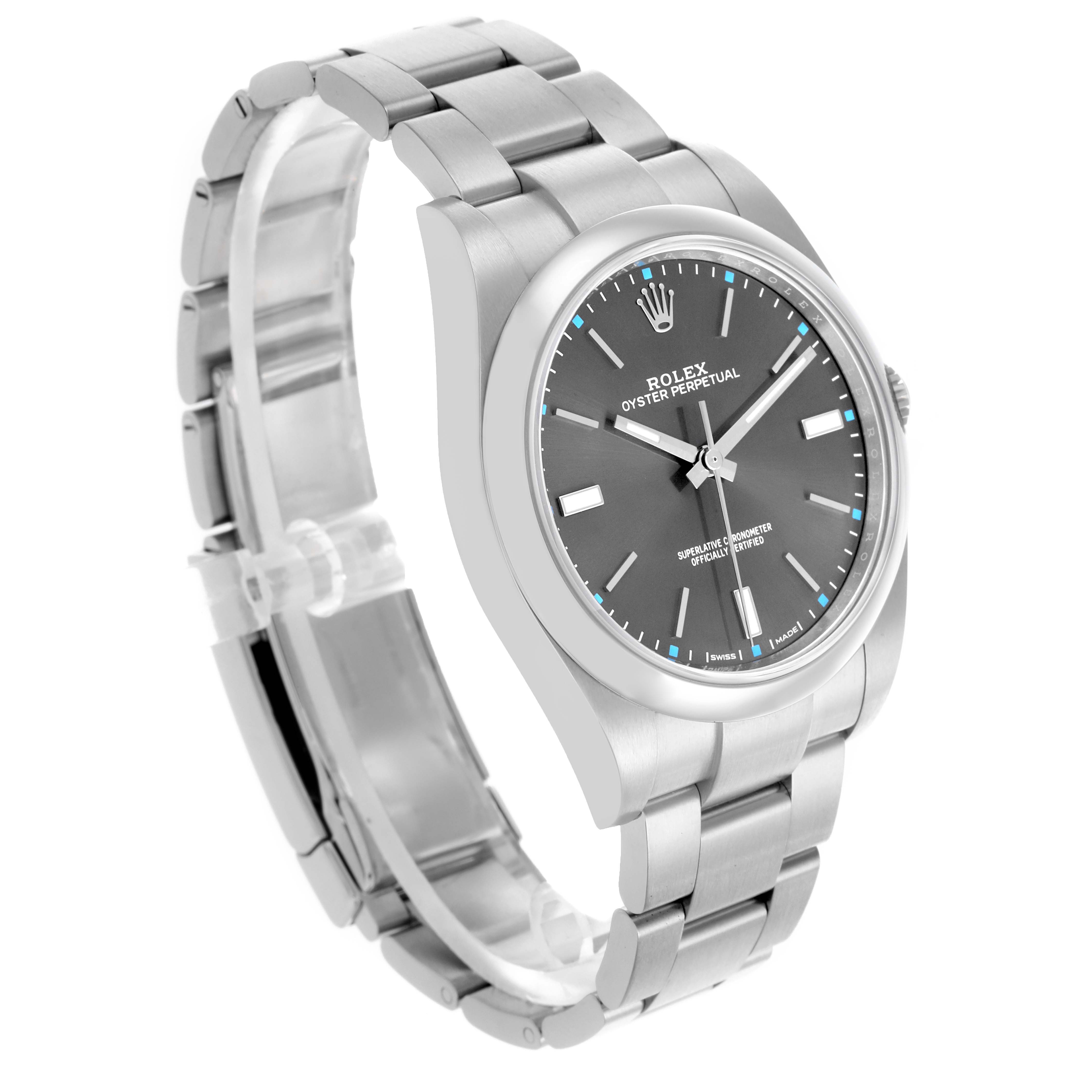 The Rolex Oyster Perpetual 114300 Men's Stainless Steel Grey Dial 114300 Men's Stainless Steel Grey Dial watch is shown at a three-quarter angle, highlighting the face, bezel, and bracelet.