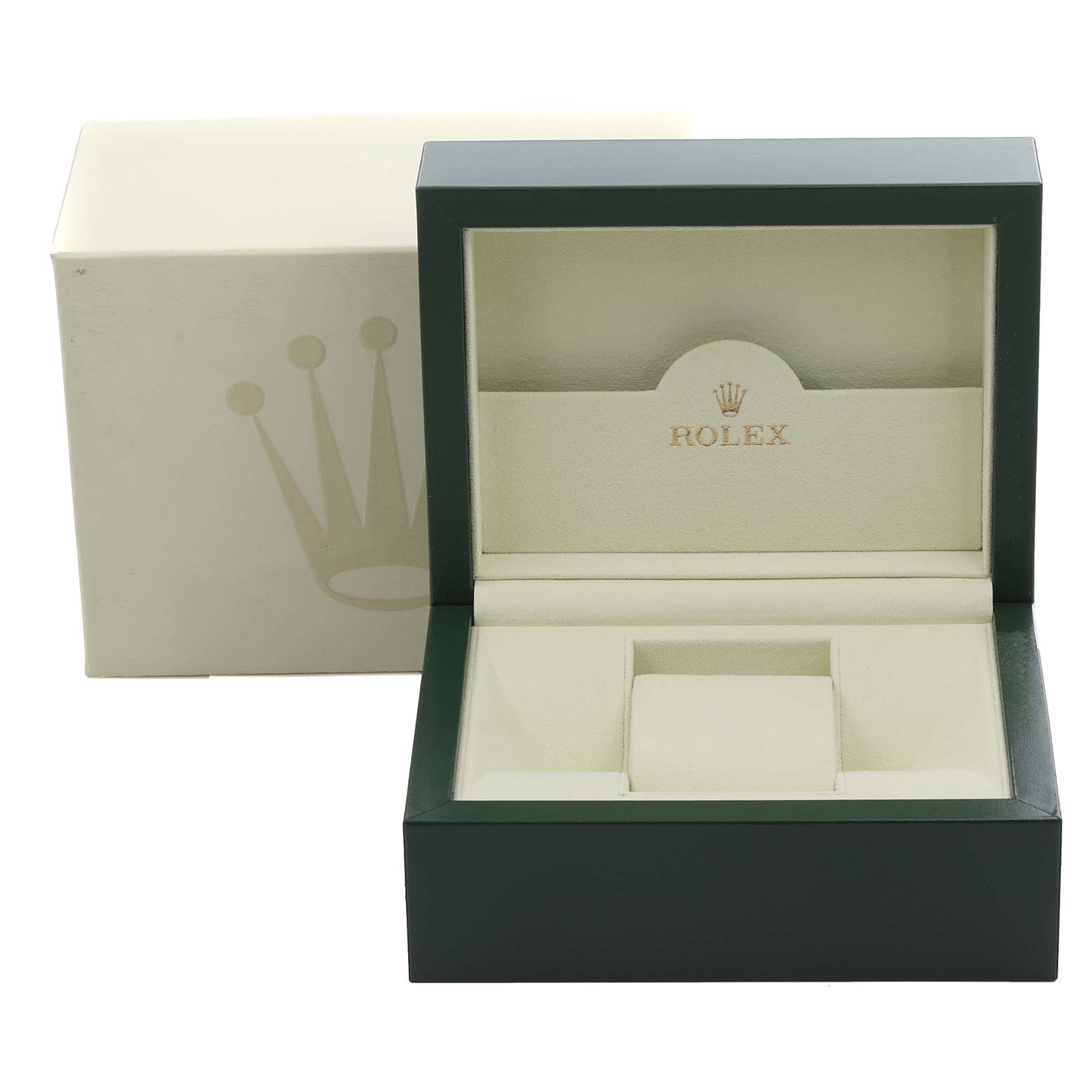 The image shows the packaging for a Rolex Oyster Perpetual 114300 Men's Stainless Steel Grey Dial 114300 Men's Stainless Steel Grey Dial, featuring an open green and beige box with the Rolex logo.