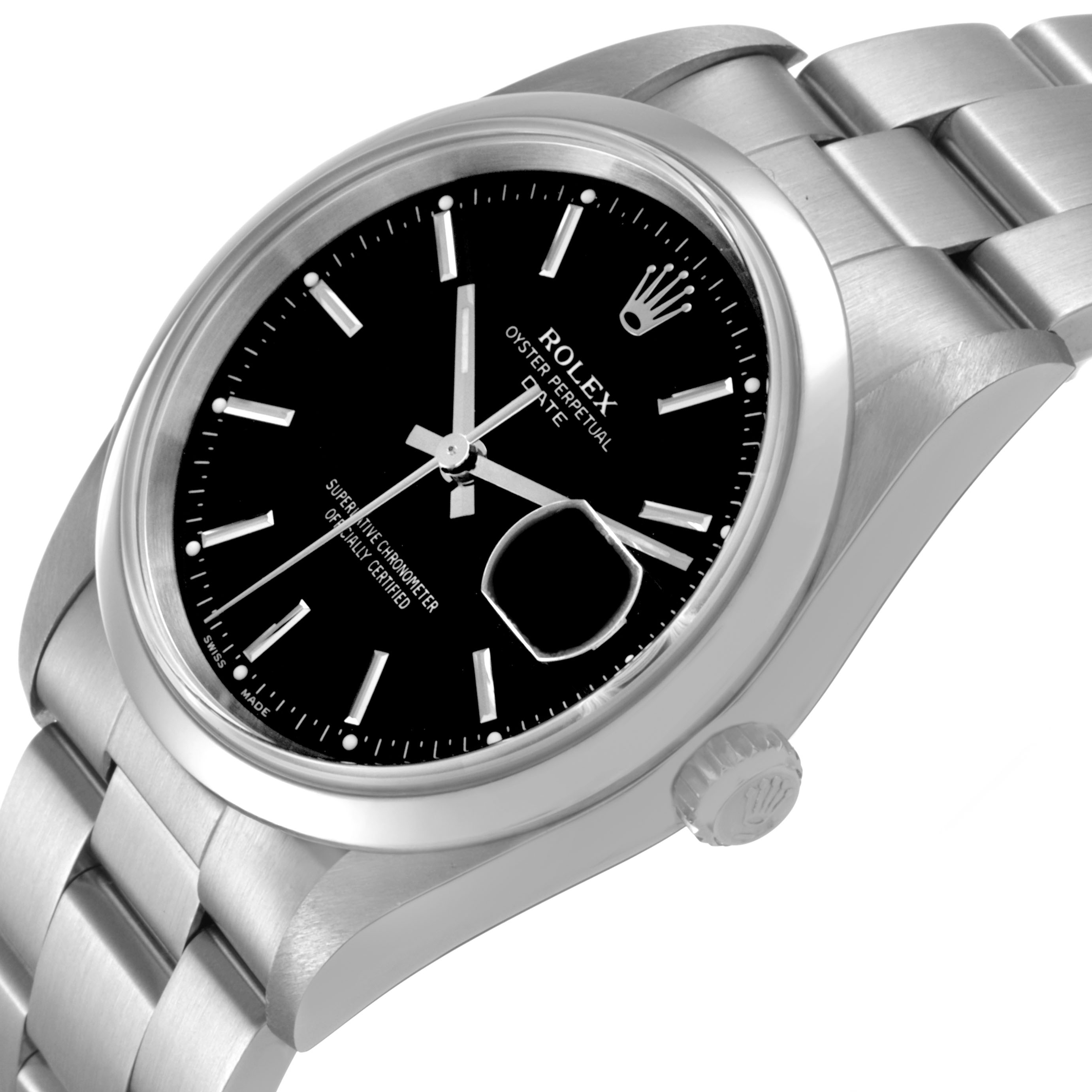 This Rolex Date 15200 Men's Stainless Steel Black Dial watch is shown at an angle displaying the dial, bezel, bracelet, and crown.