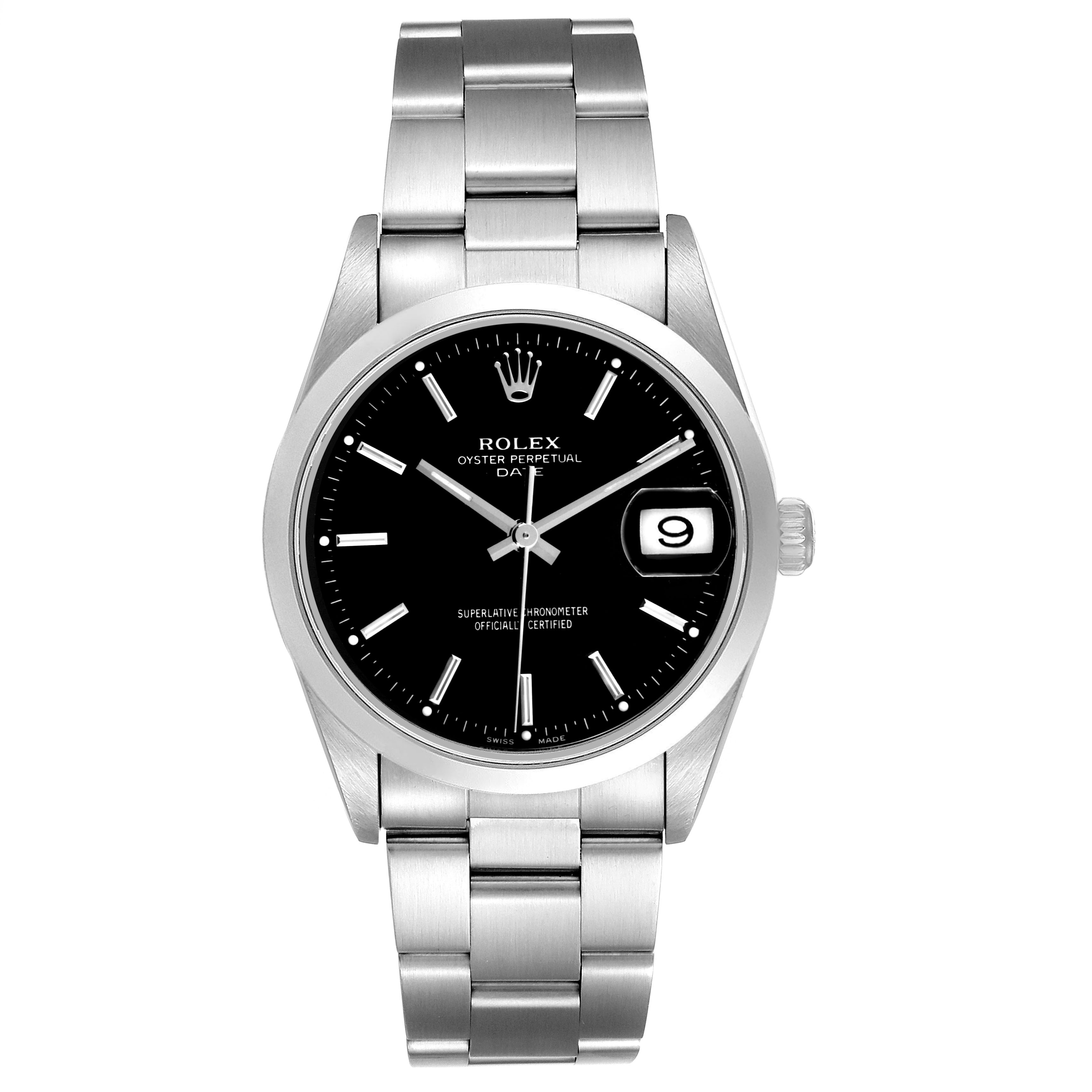 The Rolex Date 15200 Men's Stainless Steel Black Dial model is shown from the front, displaying the dial, bezel, and bracelet.