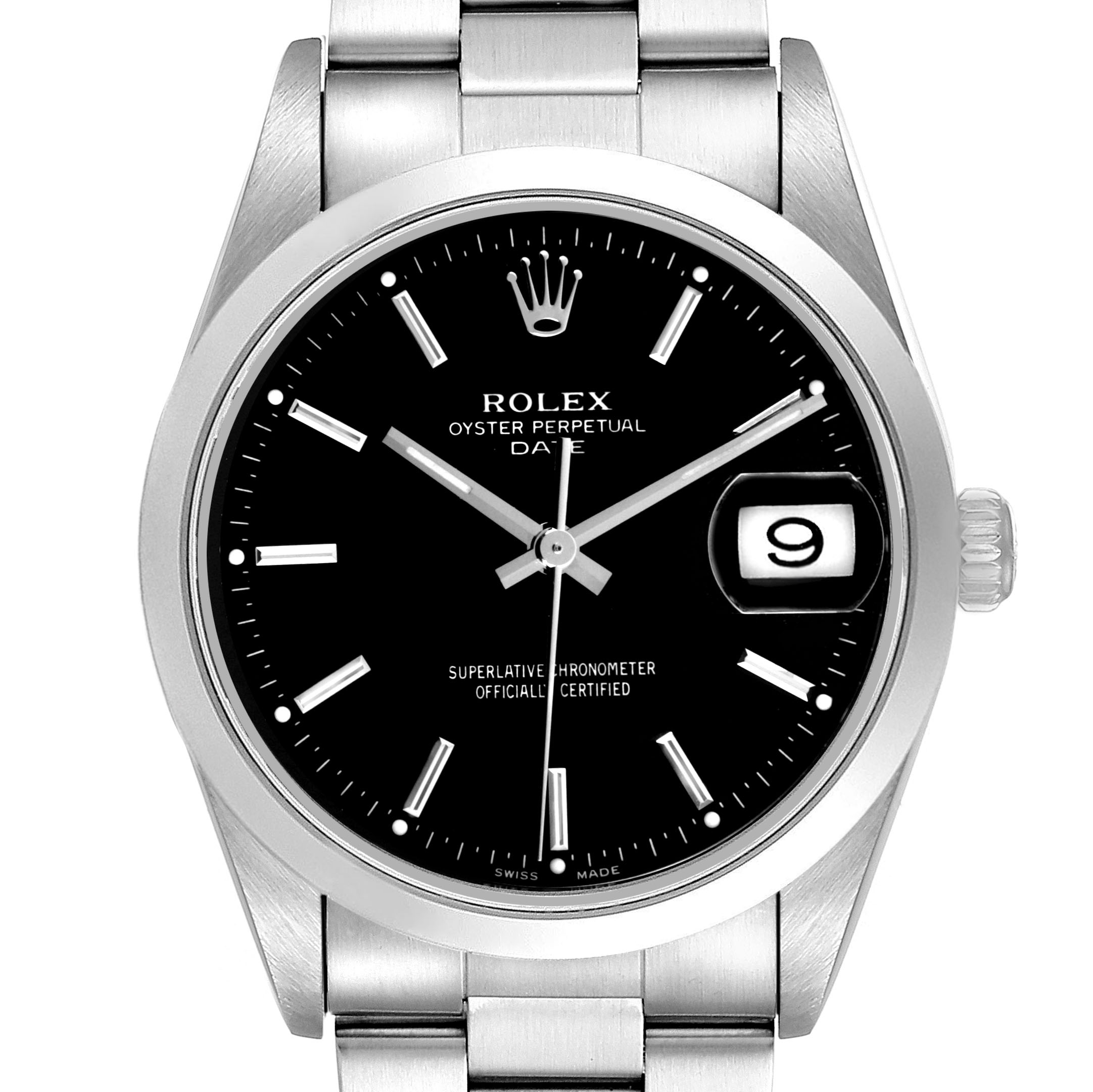 The image shows the Rolex Date 15200 Men's Stainless Steel Black Dial model from a frontal angle, showcasing the dial, bracelet, and date window.