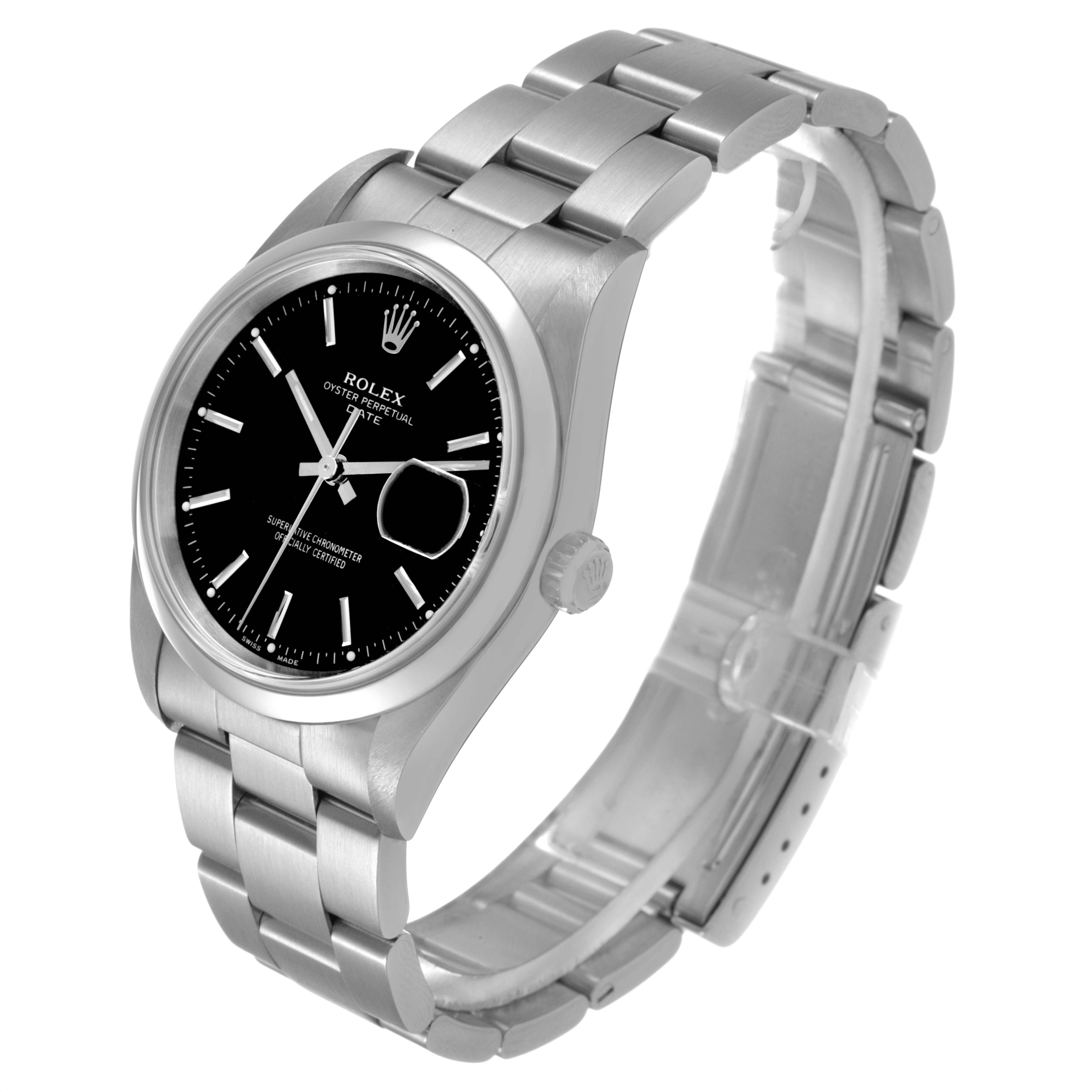The Rolex Date 15200 Men's Stainless Steel Black Dial model is shown from a three-quarter angle, displaying the dial, case, bracelet, and clasp.