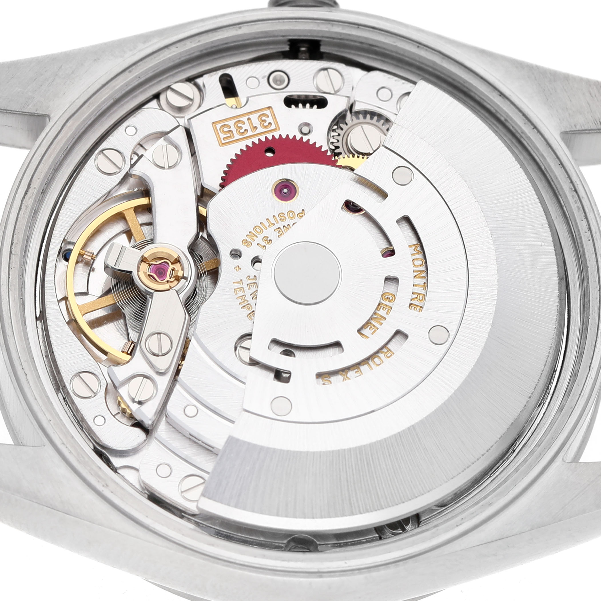 The image shows the movement of a Rolex Date 15200 Men's Stainless Steel Black Dial watch from a back angle, highlighting its intricate mechanical parts.