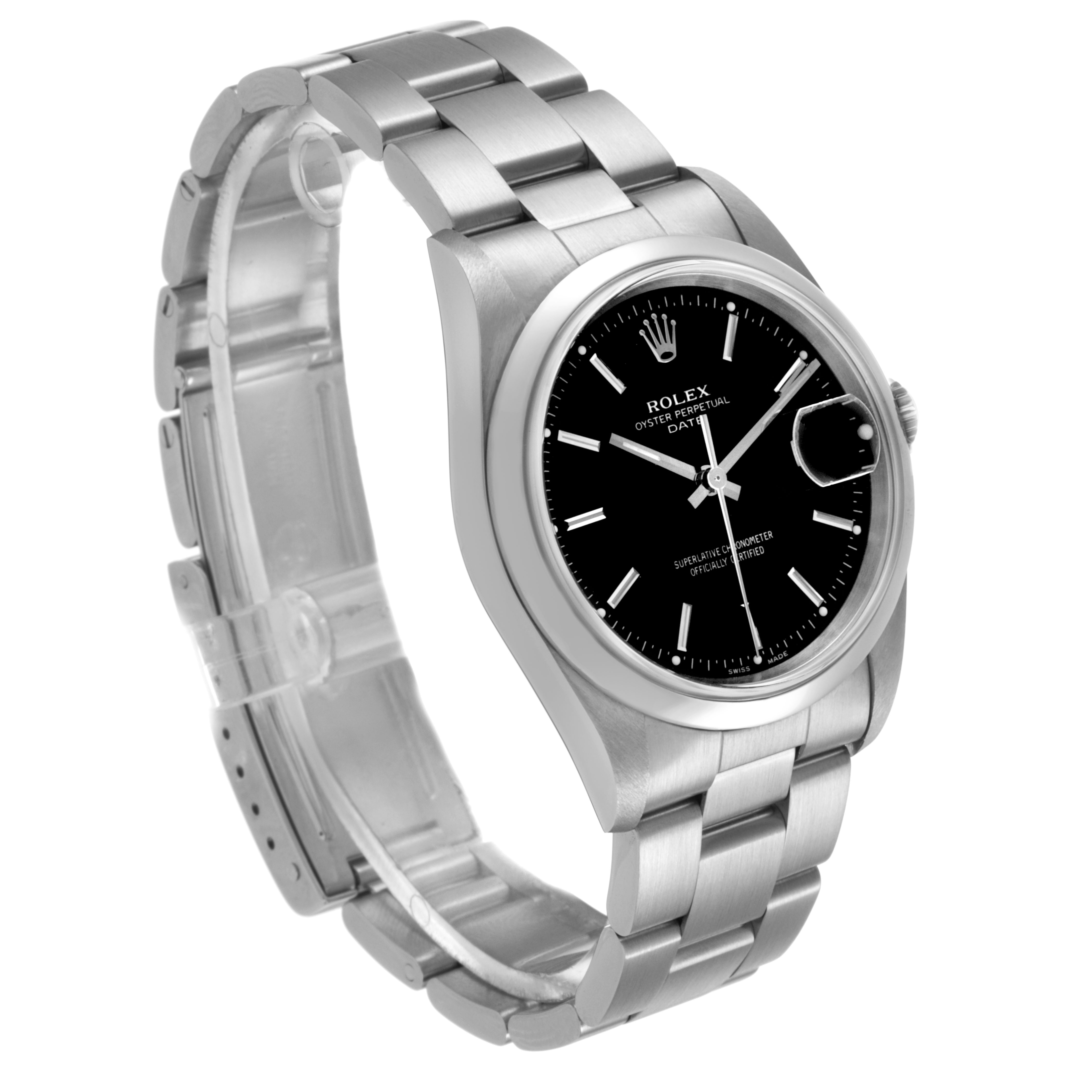 The image shows a Rolex Date 15200 Men's Stainless Steel Black Dial watch at a three-quarter angle, highlighting the bezel, dial, bracelet, and side profile.