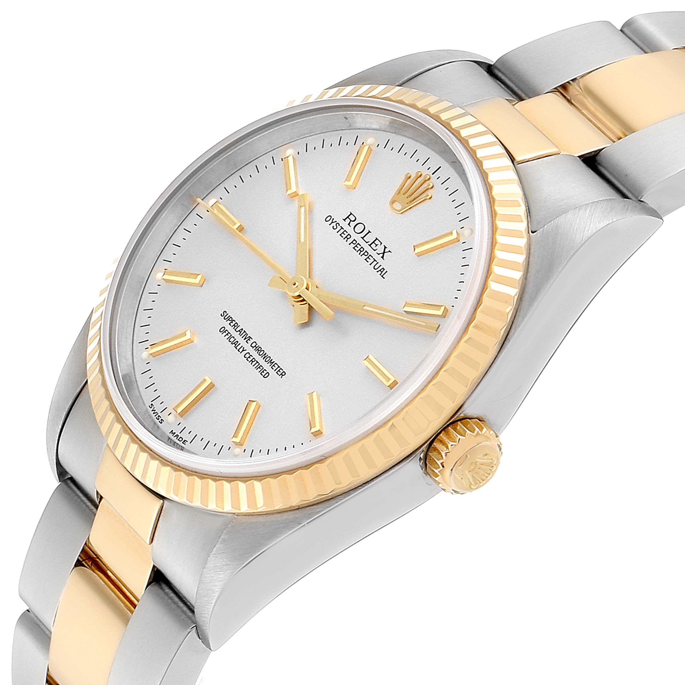 The image shows a Rolex Oyster Perpetual 14233 Men's Steel and Gold (two tone) Silver Dial 14233 Men's Steel and Gold (two tone) Silver Dial watch from an angled view, highlighting the dial, bezel, bracelet, and crown.