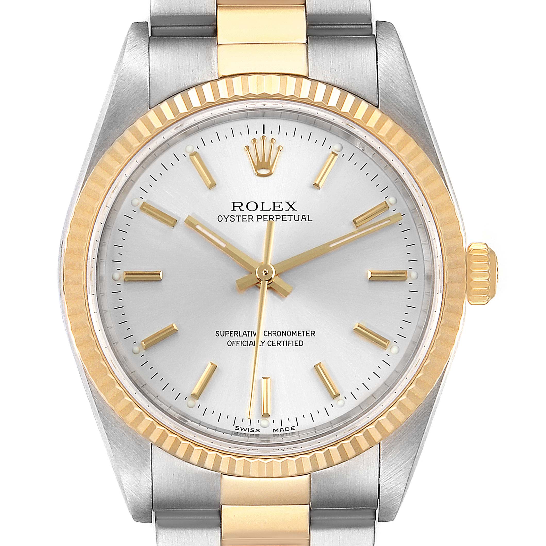 This image shows the face and bracelet of a Rolex Oyster Perpetual 14233 Men's Steel and Gold (two tone) Silver Dial 14233 Men's Steel and Gold (two tone) Silver Dial watch from a front angle.