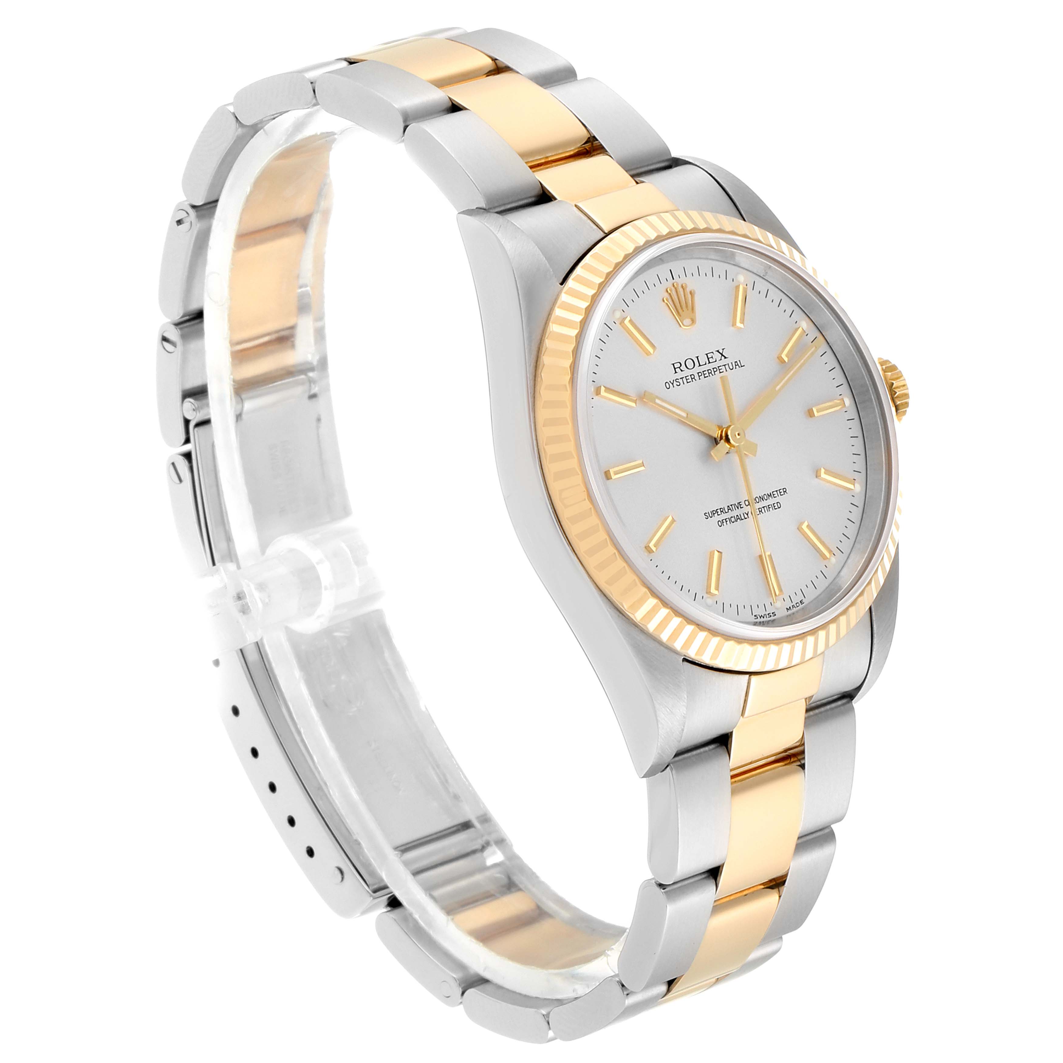 The image shows a side view of the Rolex Oyster Perpetual 14233 Men's Steel and Gold (two tone) Silver Dial 14233 Men's Steel and Gold (two tone) Silver Dial watch, highlighting its gold and silver strap and face.