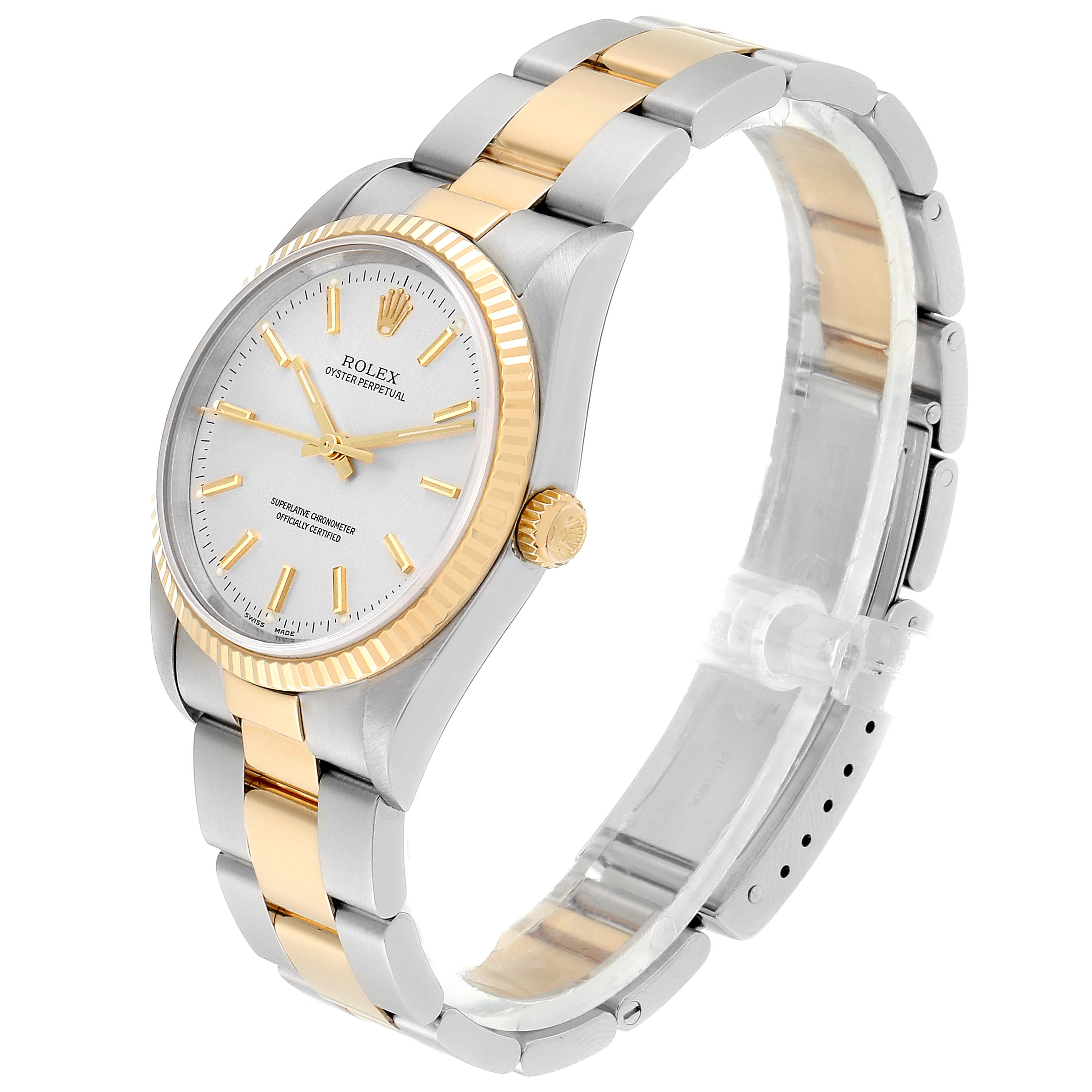 The Rolex Oyster Perpetual 14233 Men's Steel and Gold (two tone) Silver Dial 14233 Men's Steel and Gold (two tone) Silver Dial watch is displayed at a tilted angle, showing the face, bracelet, and crown.
