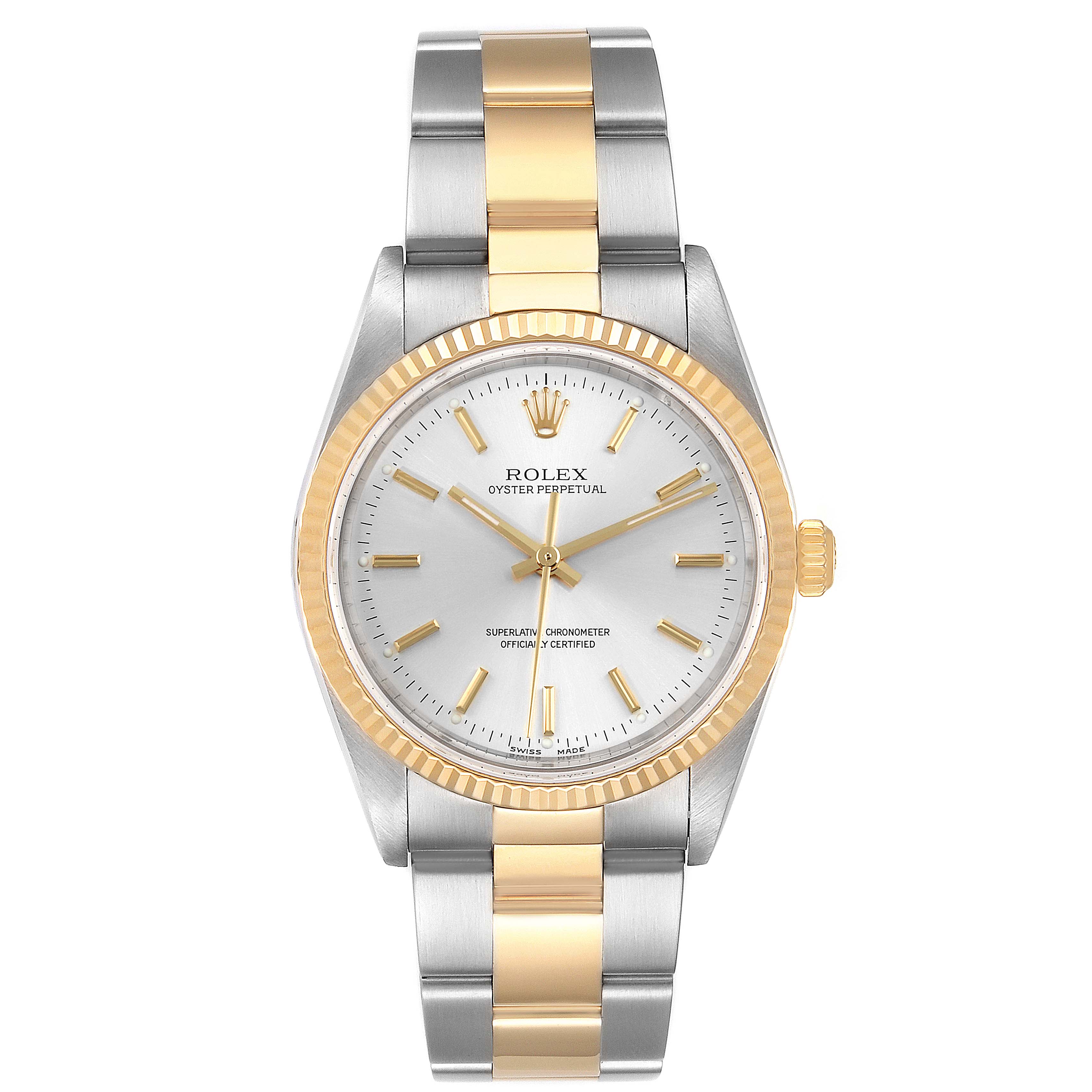 This image shows a frontal view of the Rolex Oyster Perpetual 14233 Men's Steel and Gold (two tone) Silver Dial 14233 Men's Steel and Gold (two tone) Silver Dial watch, highlighting the dial, bezel, and bracelet.