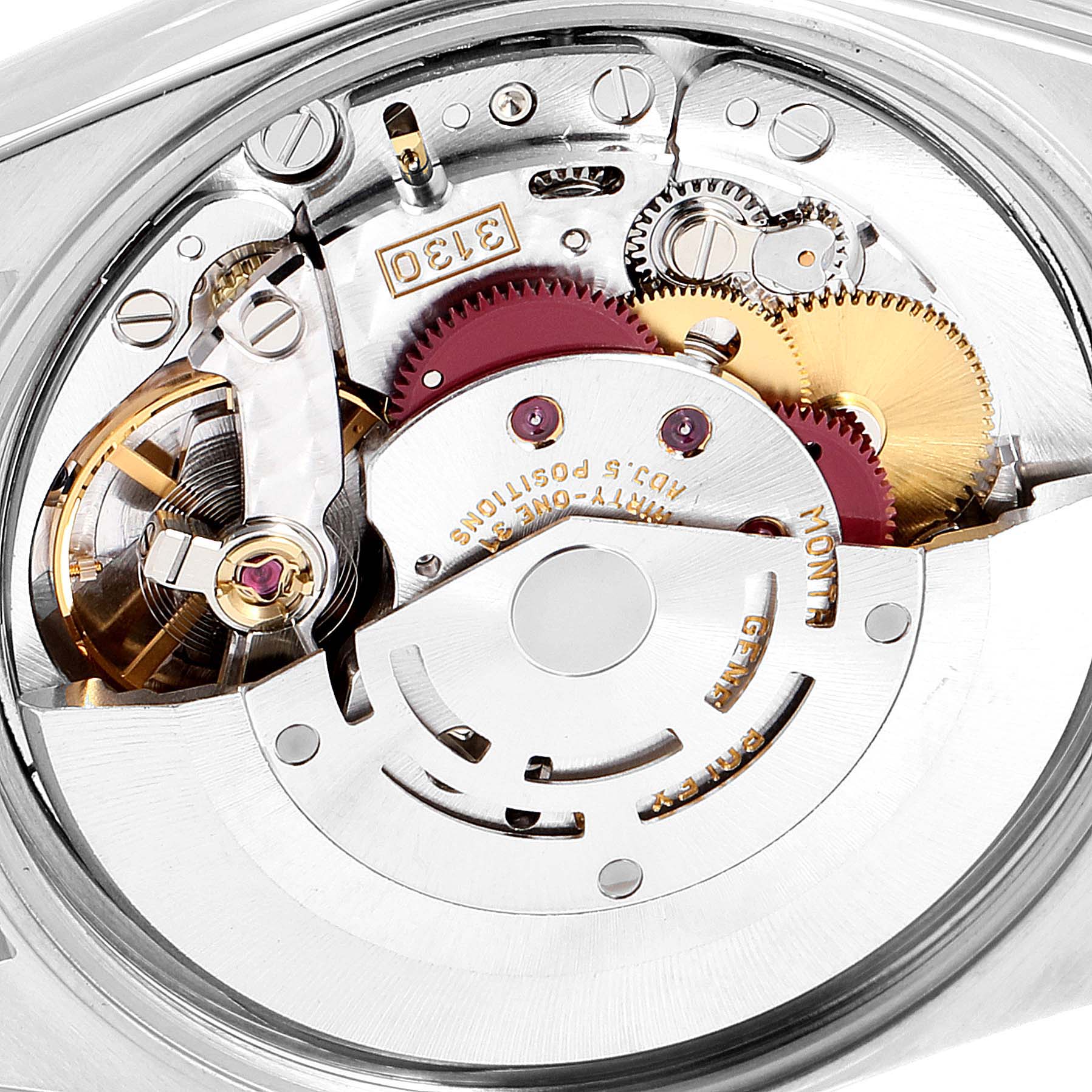 This image shows the intricate inner mechanical movement of a Rolex Oyster Perpetual 14233 Men's Steel and Gold (two tone) Silver Dial 14233 Men's Steel and Gold (two tone) Silver Dial watch viewed from the back.