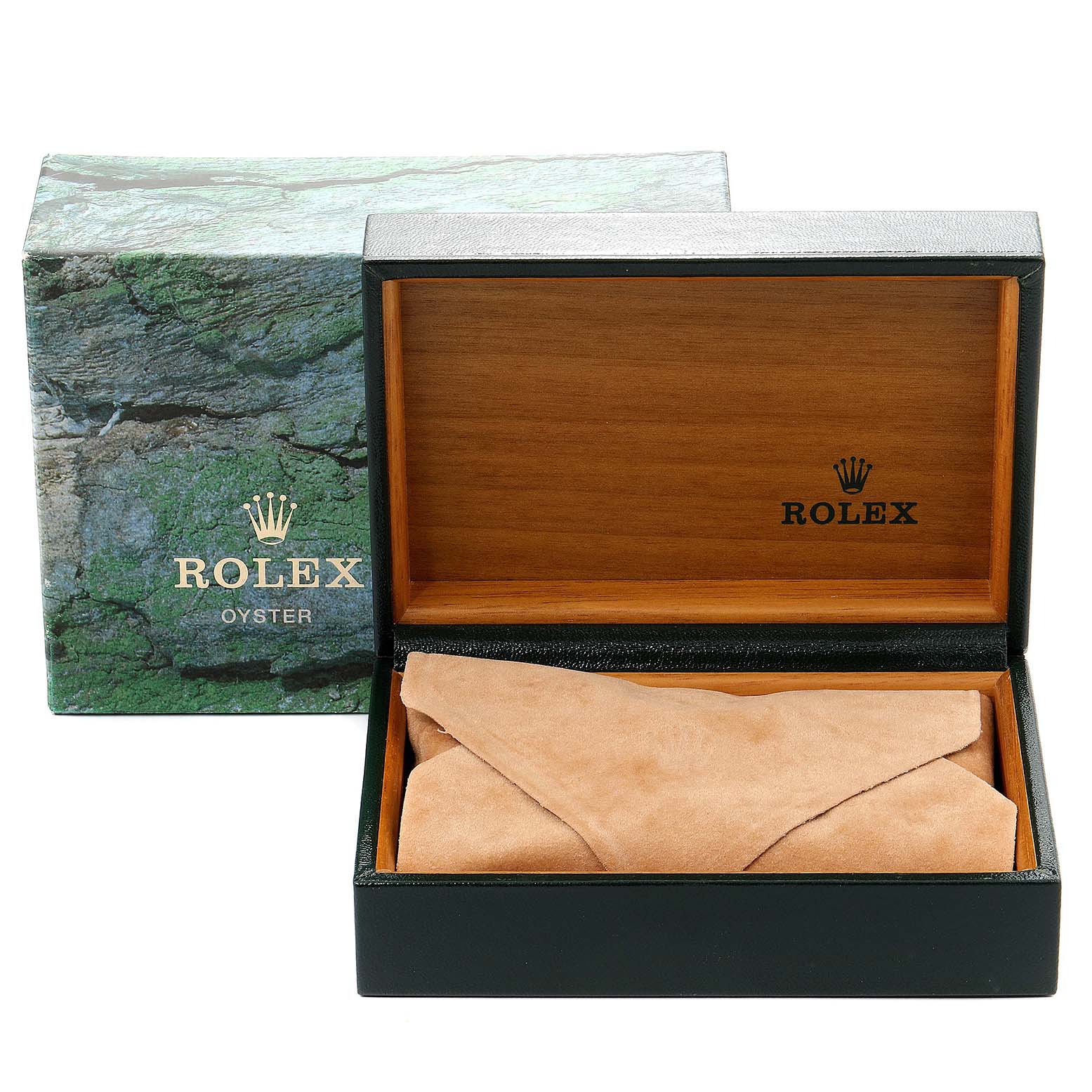The image shows a Rolex Oyster Perpetual 14233 Men's Steel and Gold (two tone) Silver Dial 14233 Men's Steel and Gold (two tone) Silver Dial watch box and outer packaging, the box is open and empty with a fabric wrap inside.
