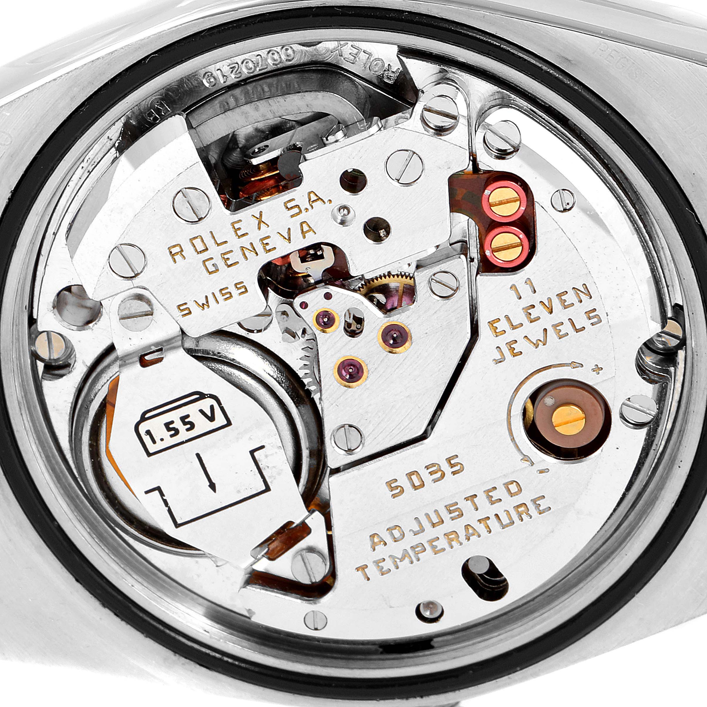 This image shows a close-up view of the inner mechanism and movement parts of a Rolex Oysterquartz 17013 Men's Steel and Gold (two tone) Champagne Dial 17013 Men's Steel and Gold (two tone) Champagne Dial watch.