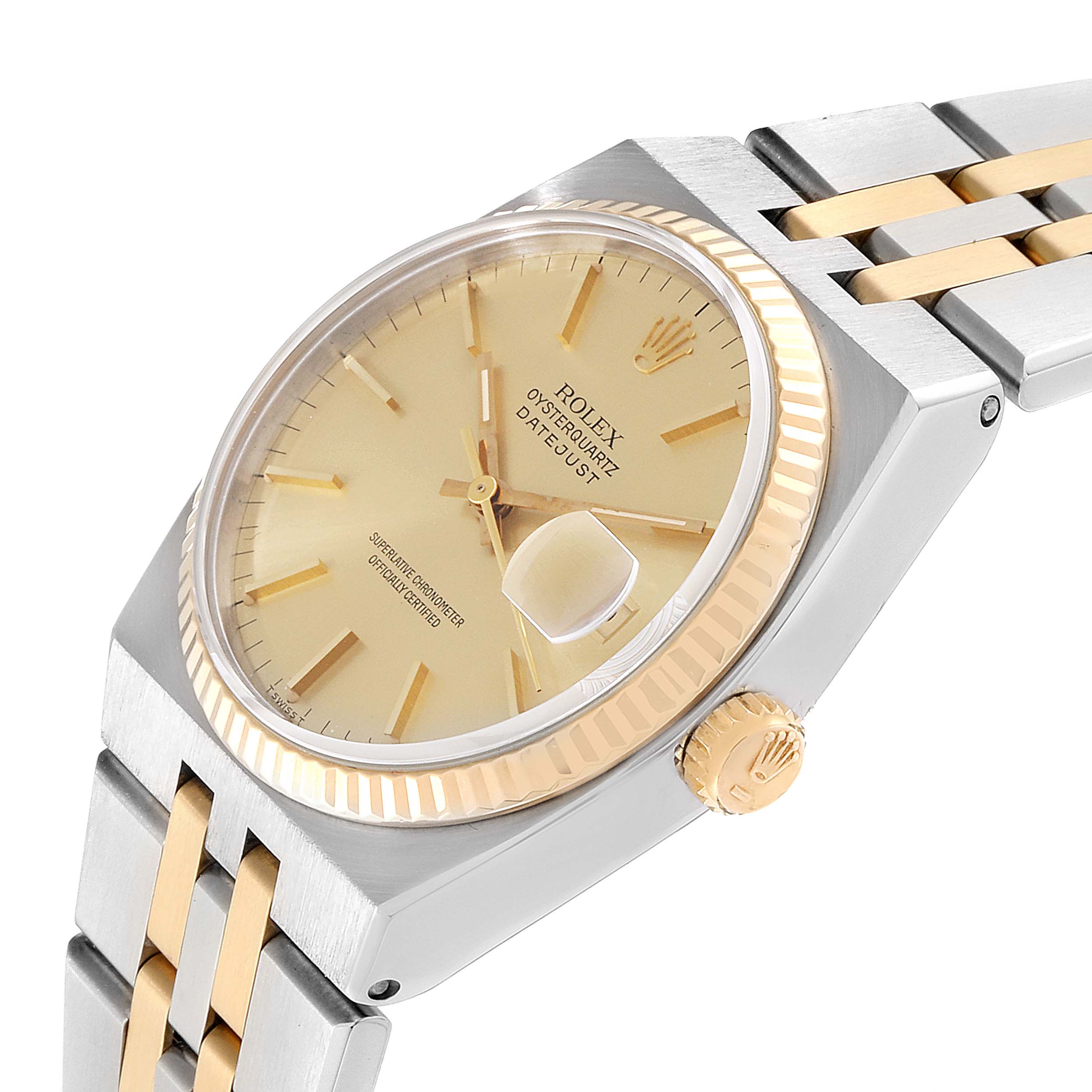The image shows a Rolex Oysterquartz 17013 Men's Steel and Gold (two tone) Champagne Dial 17013 Men's Steel and Gold (two tone) Champagne Dial Datejust watch at an oblique angle, highlighting its dial, crown, and two-tone bracelet.