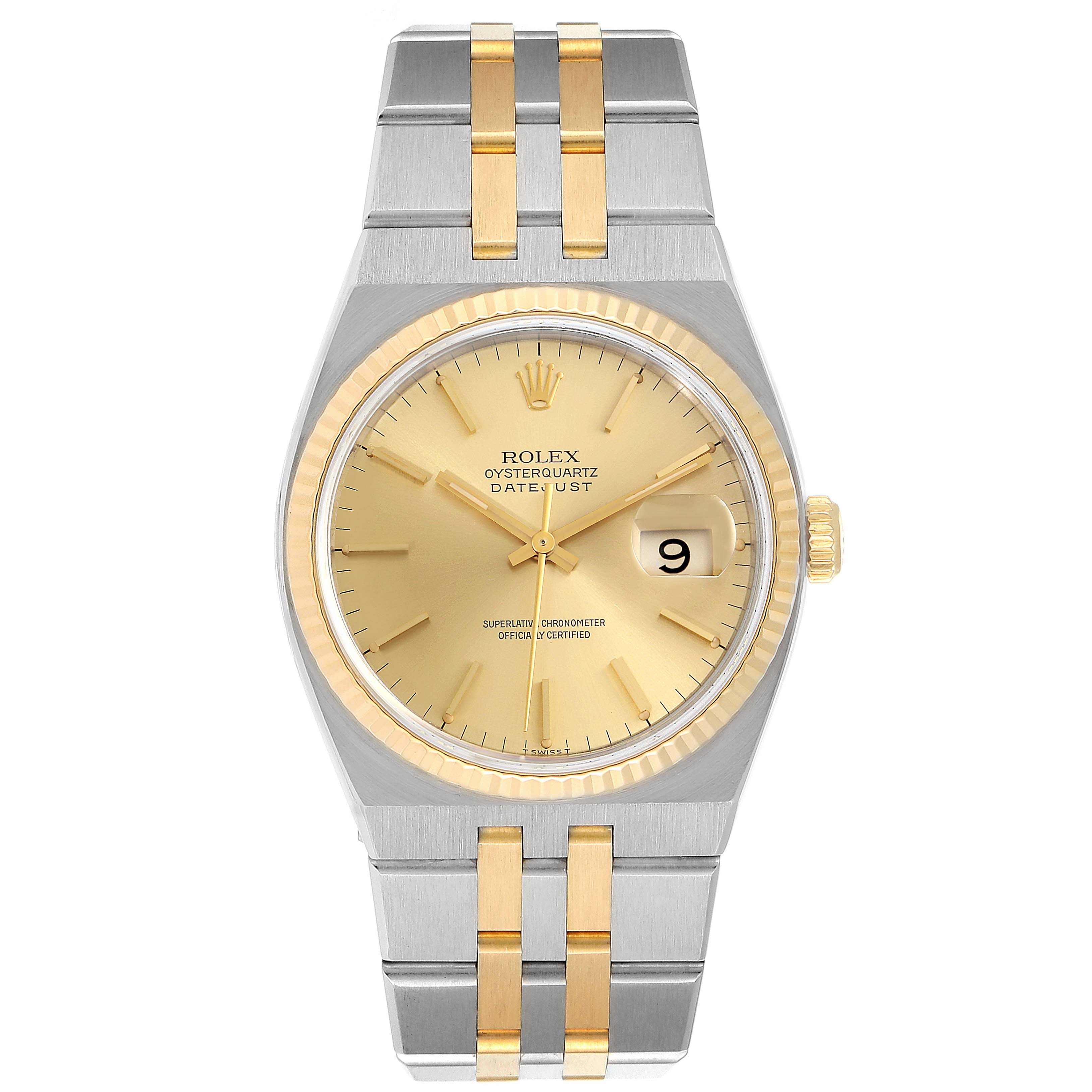This image shows the front view of a Rolex Oysterquartz 17013 Men's Steel and Gold (two tone) Champagne Dial 17013 Men's Steel and Gold (two tone) Champagne Dial watch featuring its gold and silver design with a date display.
