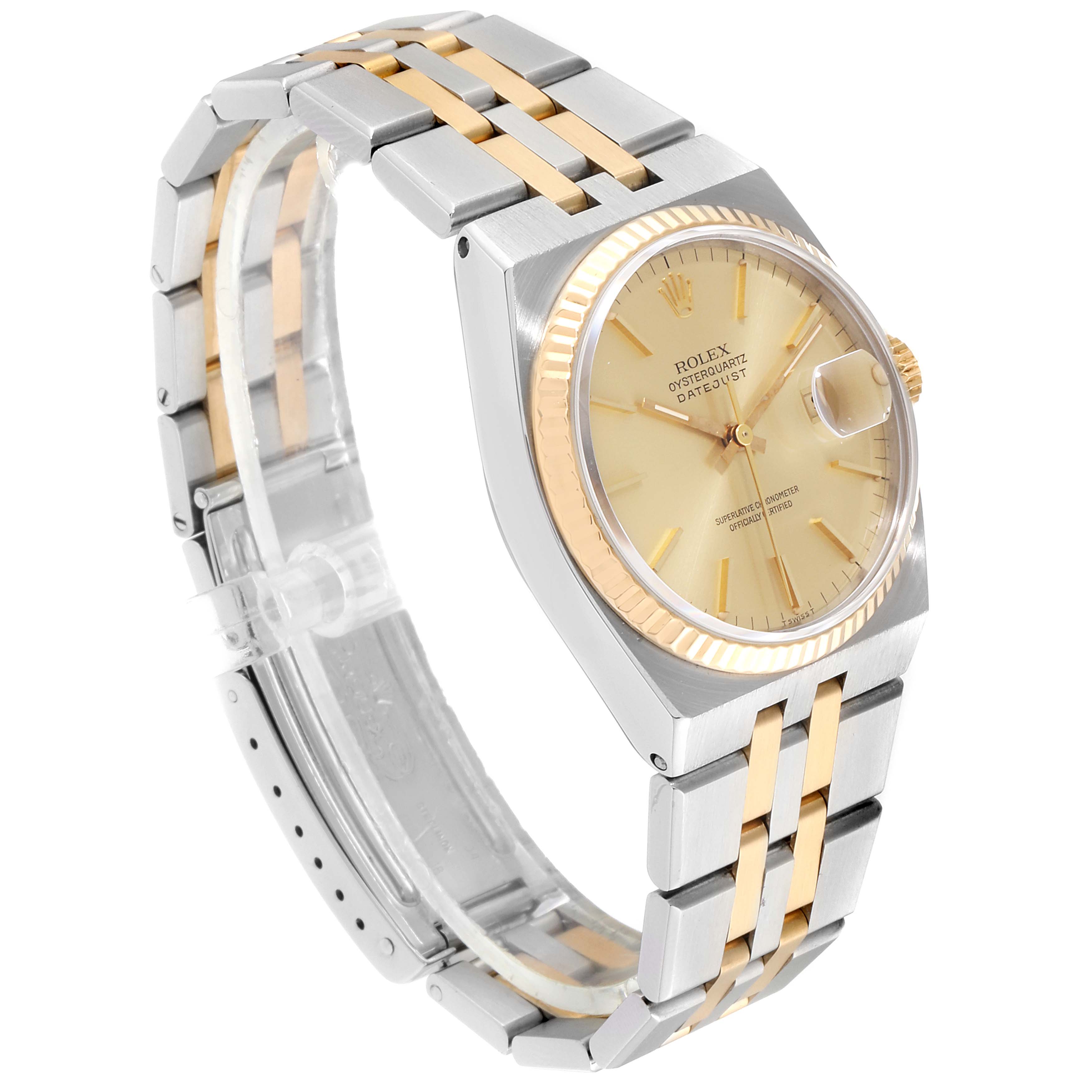 The Rolex Oysterquartz 17013 Men's Steel and Gold (two tone) Champagne Dial 17013 Men's Steel and Gold (two tone) Champagne Dial watch is shown at a three-quarter angle, displaying the face, bezel, crown, bracelet, and clasp.