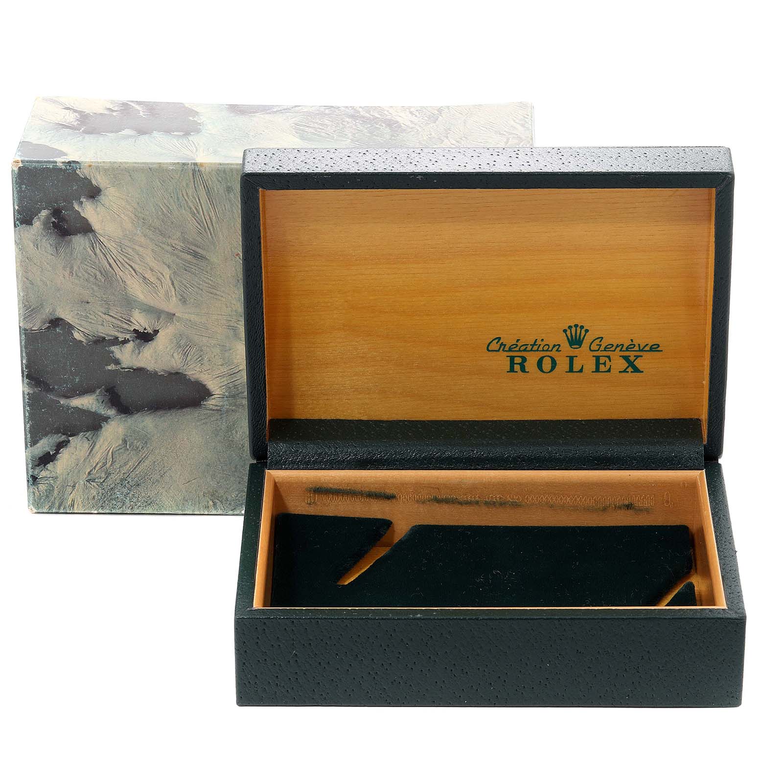 This image shows an open Rolex Oysterquartz 17013 Men's Steel and Gold (two tone) Champagne Dial 17013 Men's Steel and Gold (two tone) Champagne Dial watch box, with the box lid and inner wooden compartment visible.