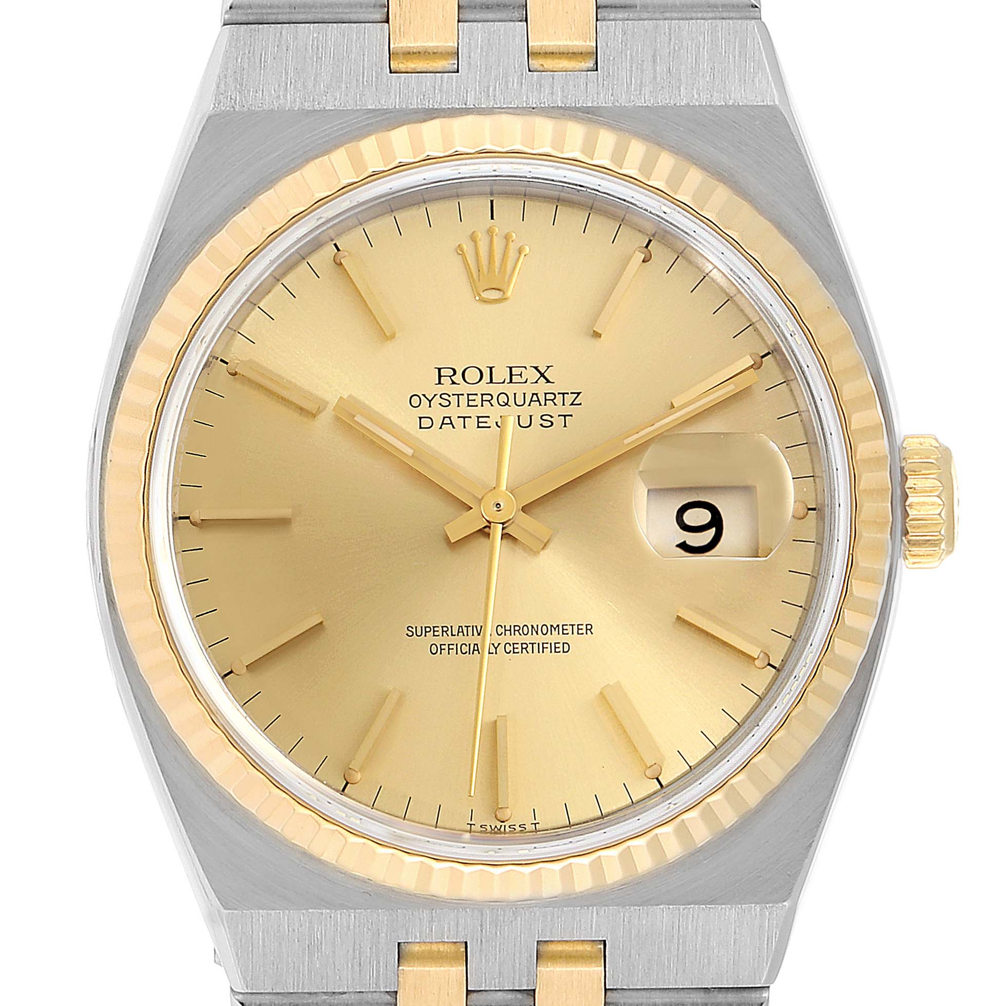 The image shows a front view of a Rolex Oysterquartz 17013 Men's Steel and Gold (two tone) Champagne Dial 17013 Men's Steel and Gold (two tone) Champagne Dial Datejust watch, highlighting the dial, crown, and part of the bracelet.