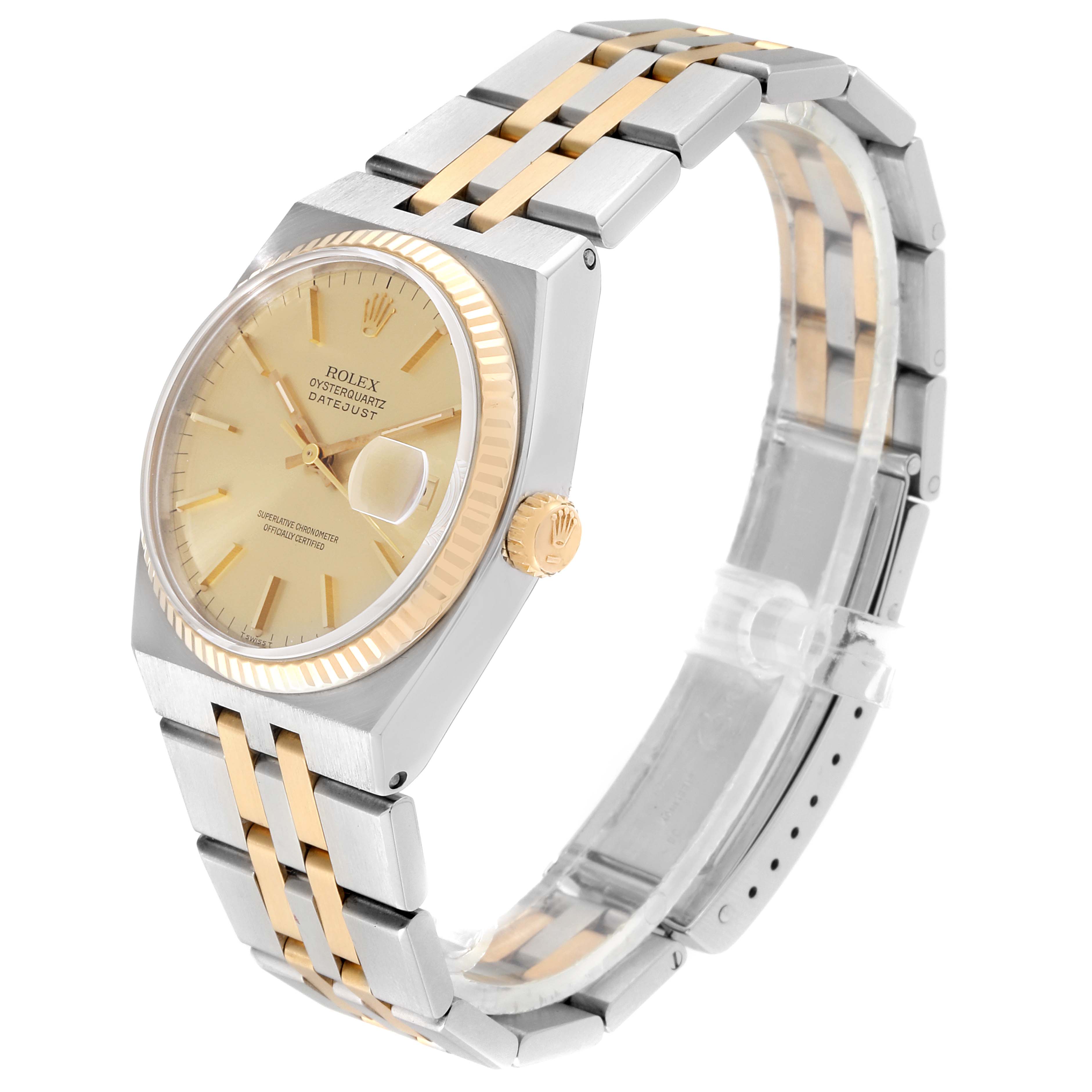 This Rolex Oysterquartz 17013 Men's Steel and Gold (two tone) Champagne Dial 17013 Men's Steel and Gold (two tone) Champagne Dial watch is shown at a three-quarter angle, displaying the dial, bracelet, and crown.