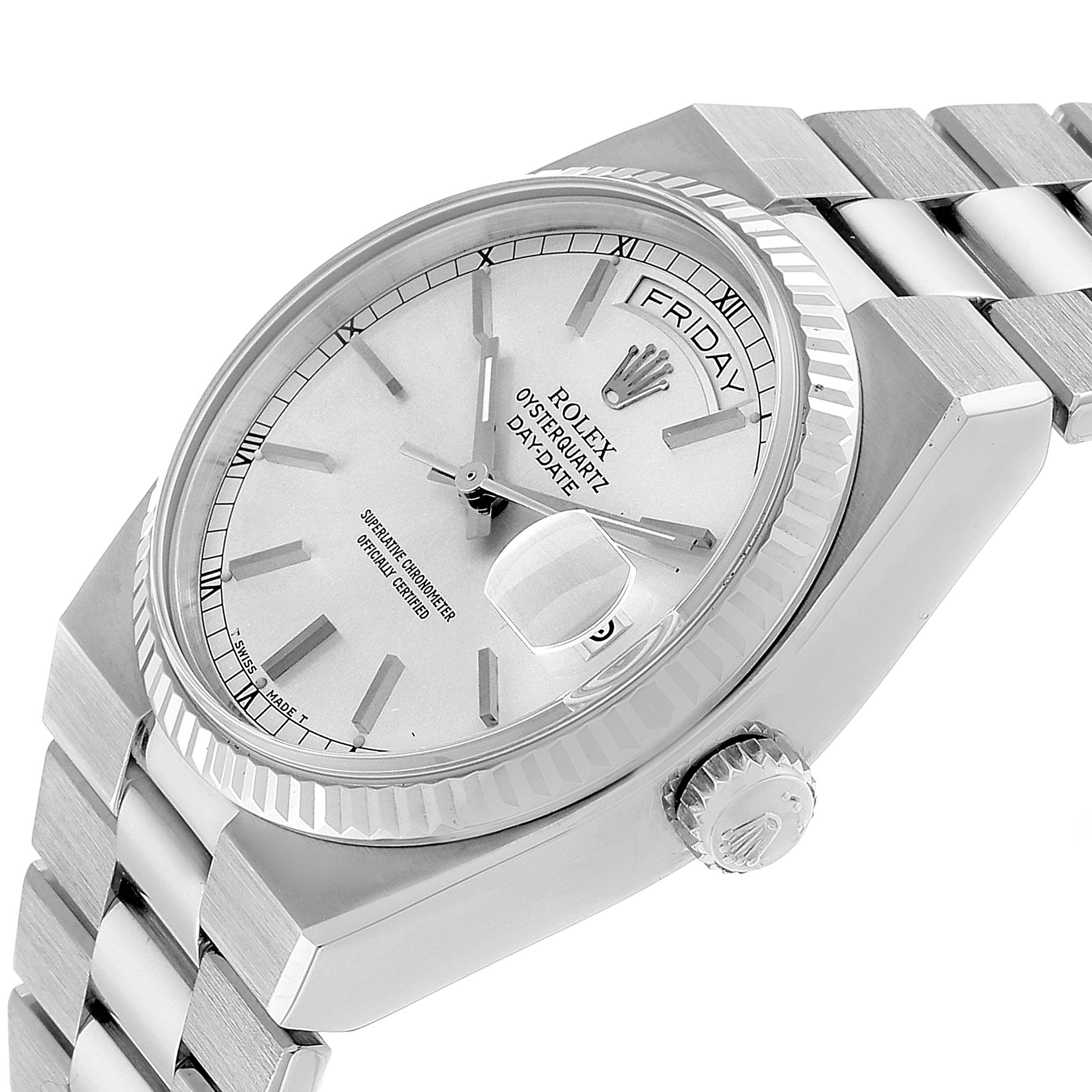 This image shows a side-angle view of the Rolex Oysterquartz 19091 Men's White Gold Silver Dial 19091 Men's White Gold Silver Dial watch, displaying its face, bezel, crown, and bracelet.