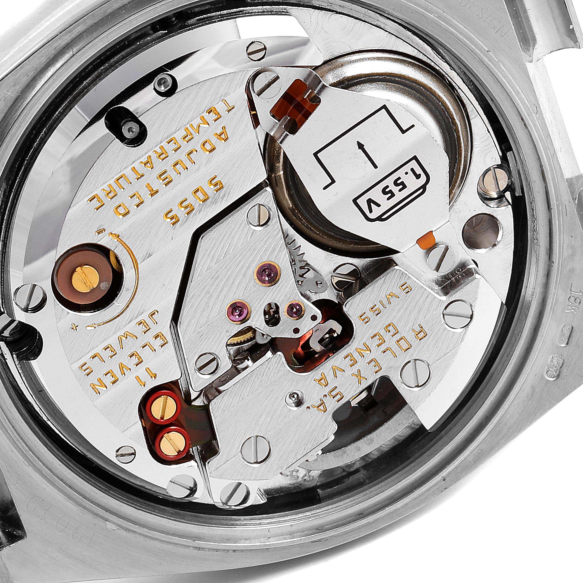 The image shows a close-up view of the internal movement mechanism of a Rolex Oysterquartz 19091 Men's White Gold Silver Dial 19091 Men's White Gold Silver Dial watch.