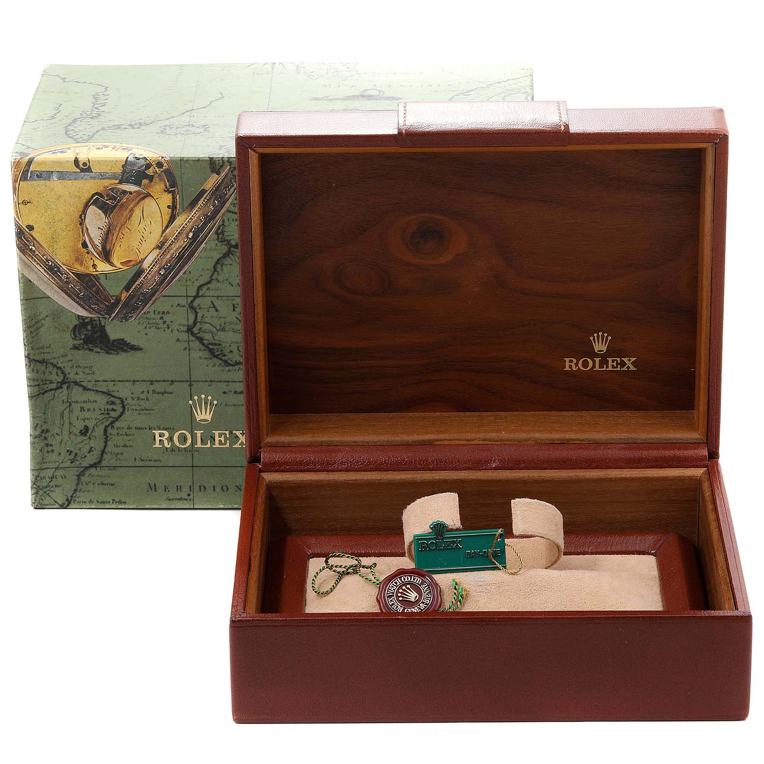 The image shows an empty Rolex Oysterquartz 19091 Men's White Gold Silver Dial 19091 Men's White Gold Silver Dial watch box with tags inside and an outer box with a Rolex logo.