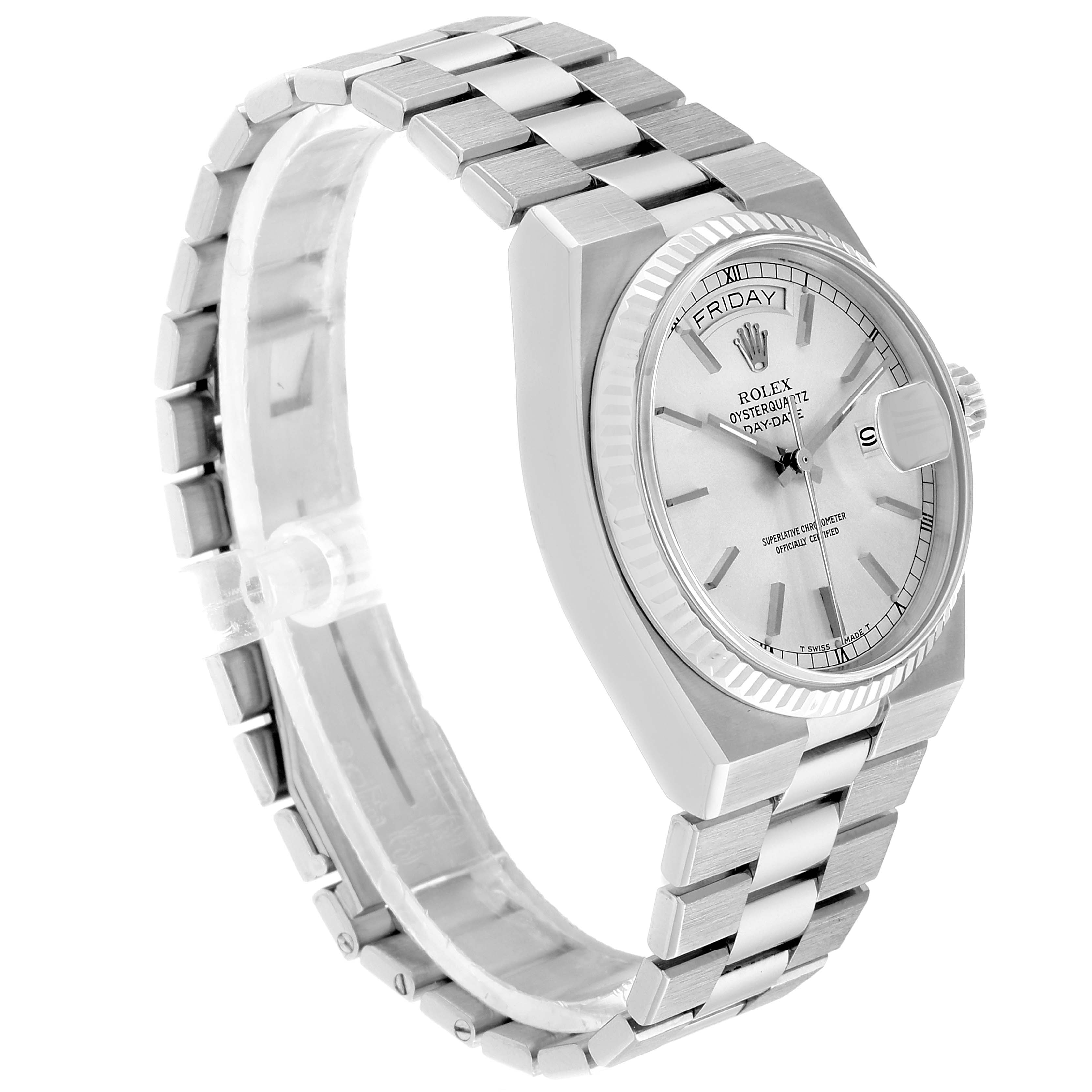 This image shows a Rolex Oysterquartz 19091 Men's White Gold Silver Dial 19091 Men's White Gold Silver Dial watch from a three-quarter angle, highlighting the dial, case, and bracelet.