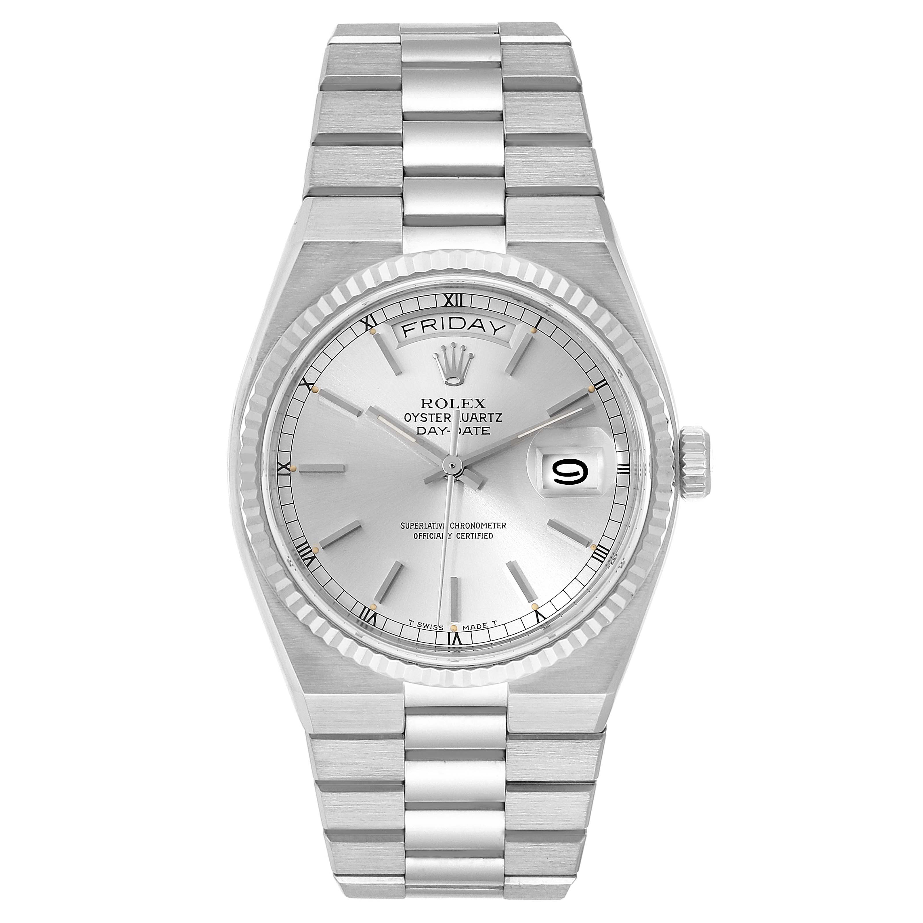 The Rolex Oysterquartz 19091 Men's White Gold Silver Dial 19091 Men's White Gold Silver Dial watch is shown from a front angle, highlighting the dial, bracelet, and crown.