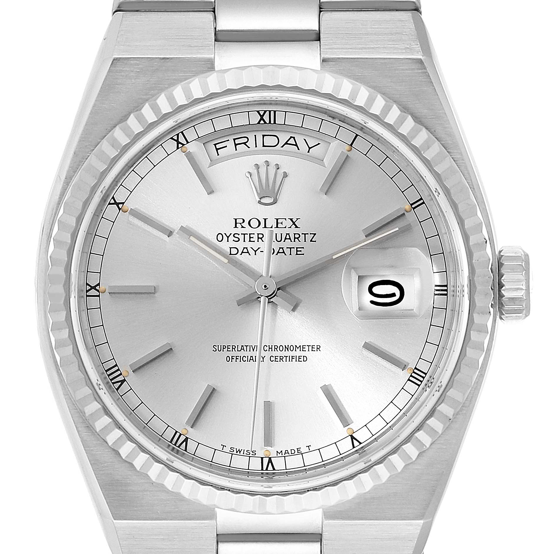 The image shows a front view of the Rolex Oysterquartz 19091 Men's White Gold Silver Dial 19091 Men's White Gold Silver Dial, highlighting the watch face, crown, and bracelet.