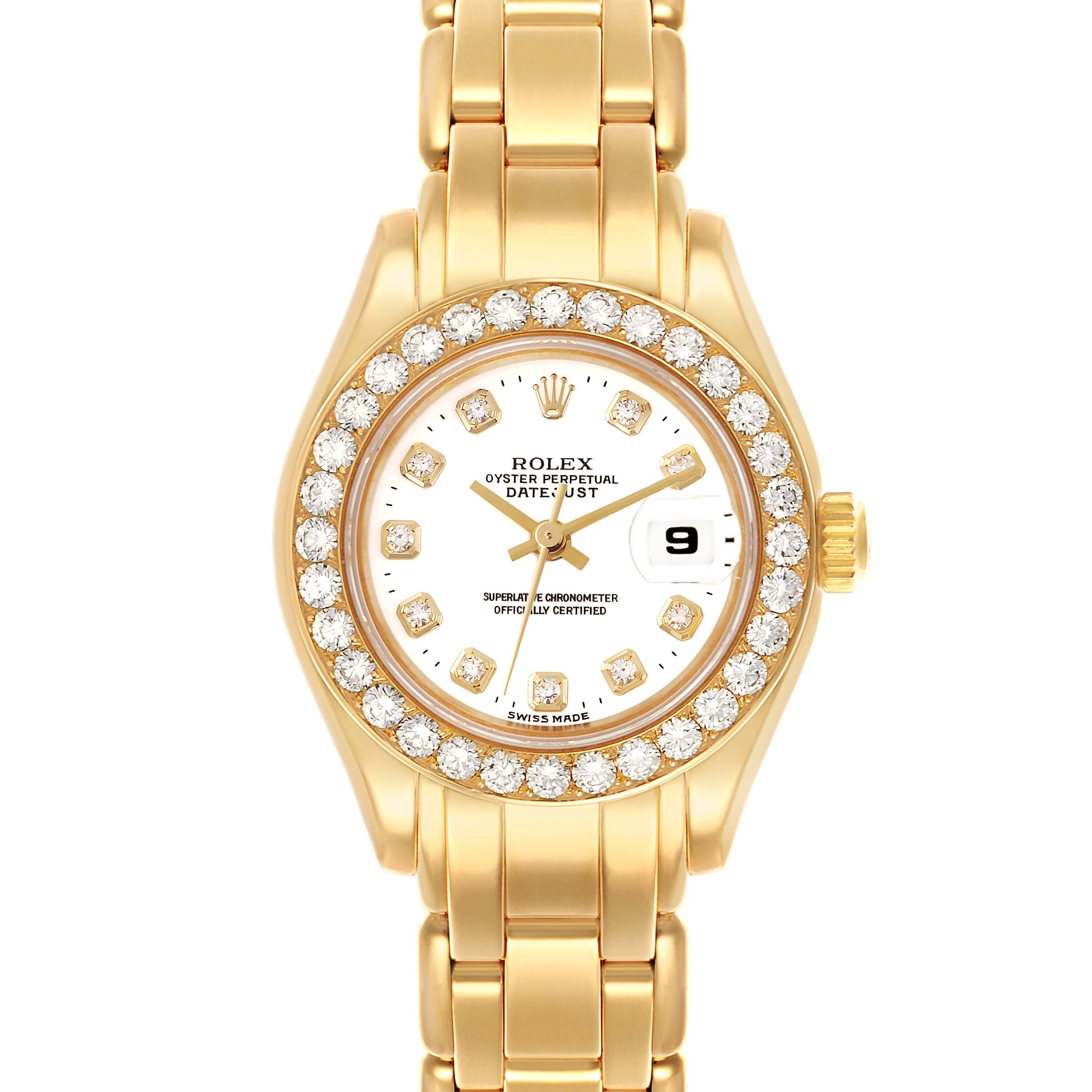The Rolex Pearlmaster 69298 Women's Yellow Gold White Dial 69298 Women's Yellow Gold White Dial watch is shown from the front, highlighting the bezel, dial, hands, and bracelet.