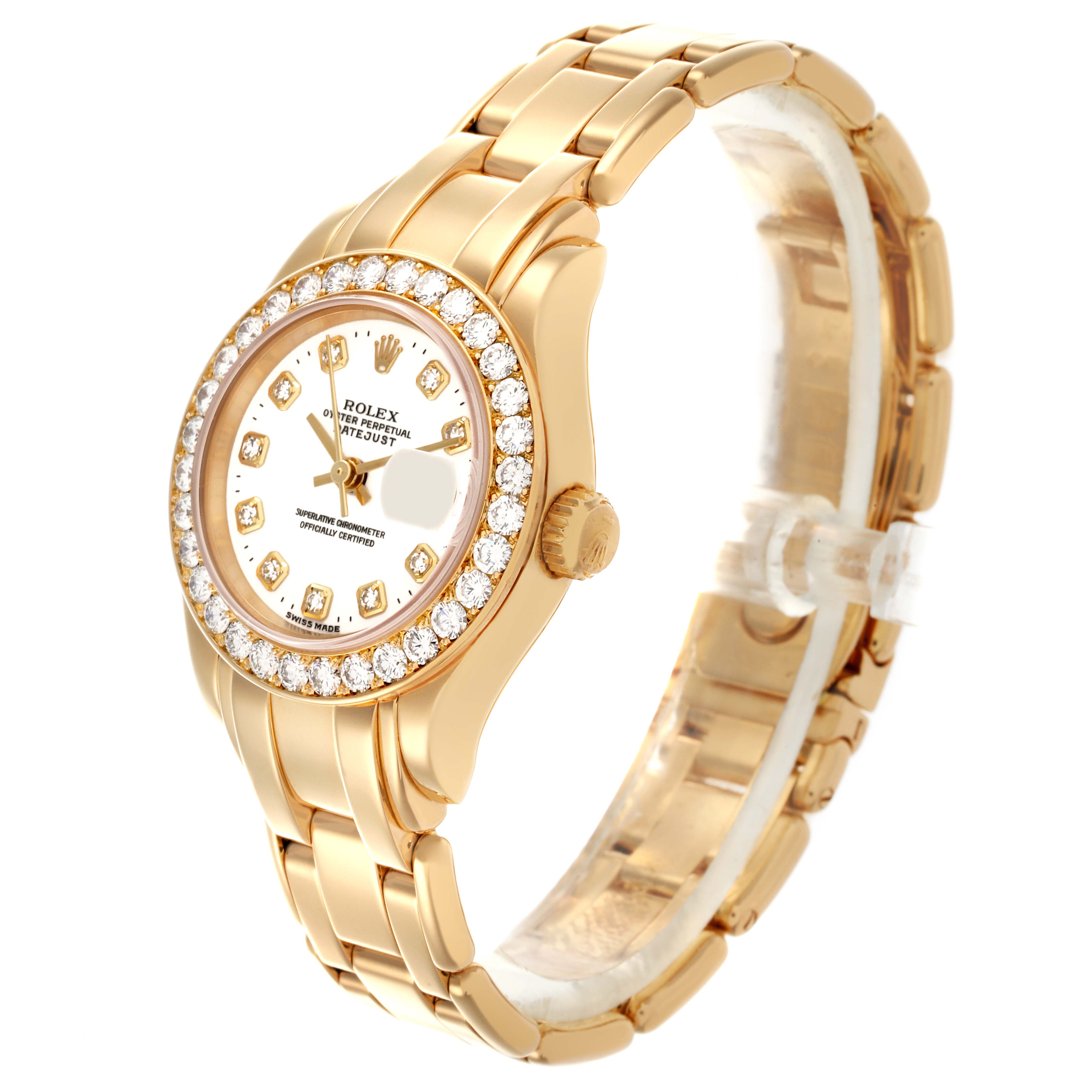 The Rolex Pearlmaster 69298 Women's Yellow Gold White Dial 69298 Women's Yellow Gold White Dial watch is shown at an angled side view, highlighting the face, bezel, and part of the bracelet.