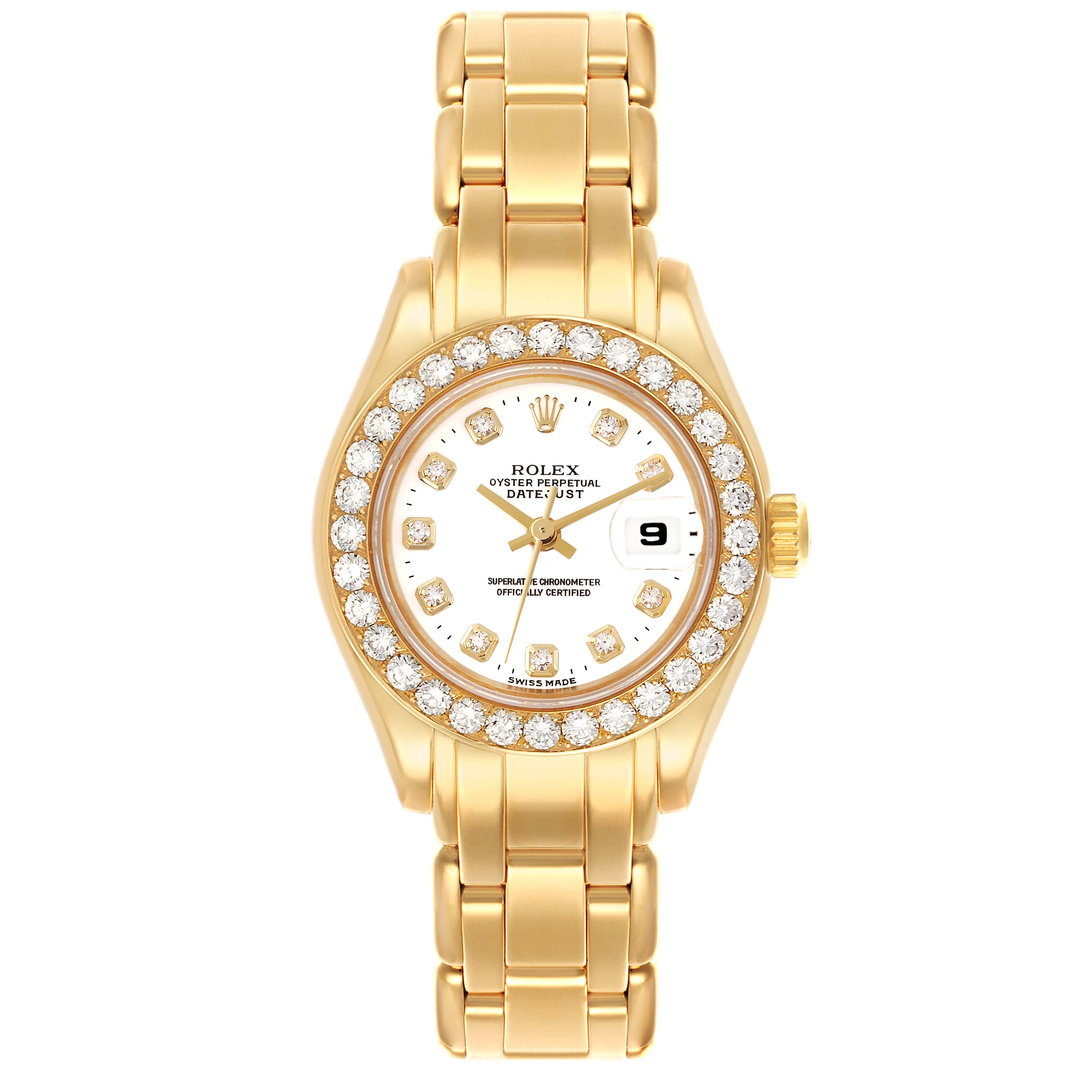 The Rolex Pearlmaster 69298 Women's Yellow Gold White Dial 69298 Women's Yellow Gold White Dial watch is shown from a front angle, displaying the face, bezel, and bracelet.