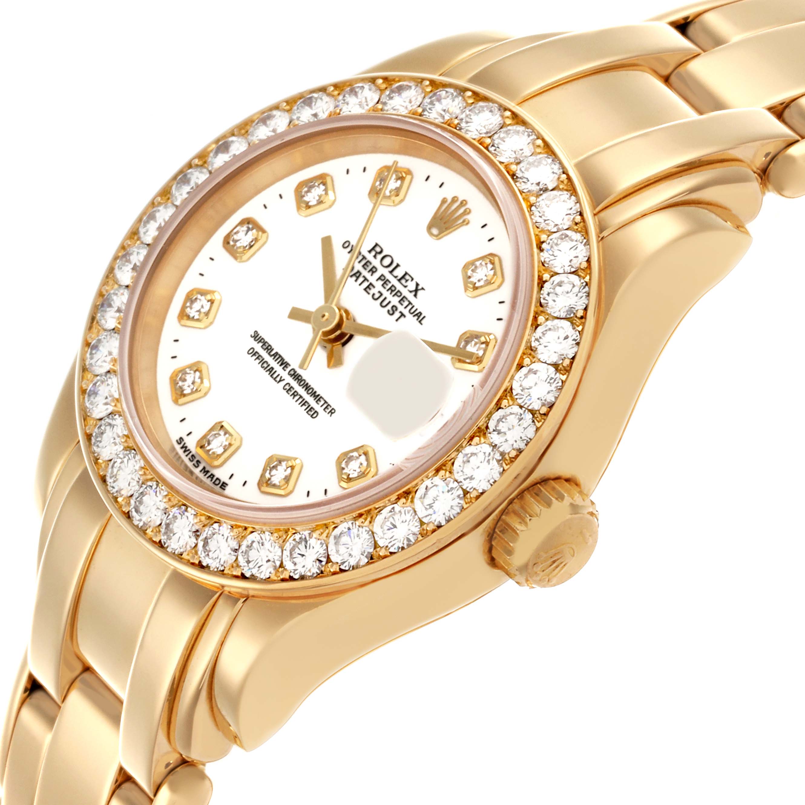The Rolex Pearlmaster 69298 Women's Yellow Gold White Dial 69298 Women's Yellow Gold White Dial watch is shown at a slight side angle, highlighting the diamond bezel, dial, and part of the bracelet.