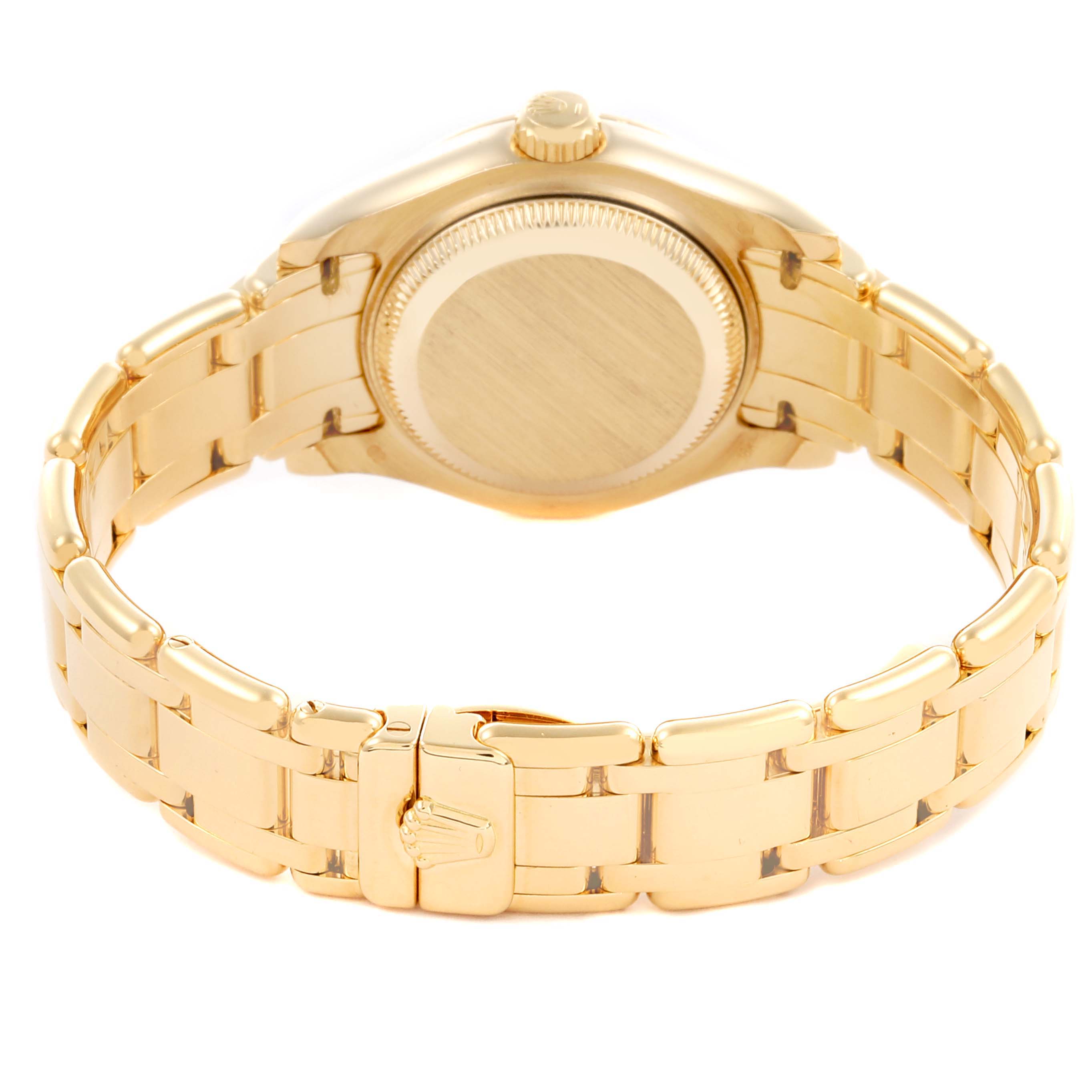 The image shows the back and bracelet of a Rolex Pearlmaster 69298 Women's Yellow Gold White Dial 69298 Women's Yellow Gold White Dial watch from a rear angle.