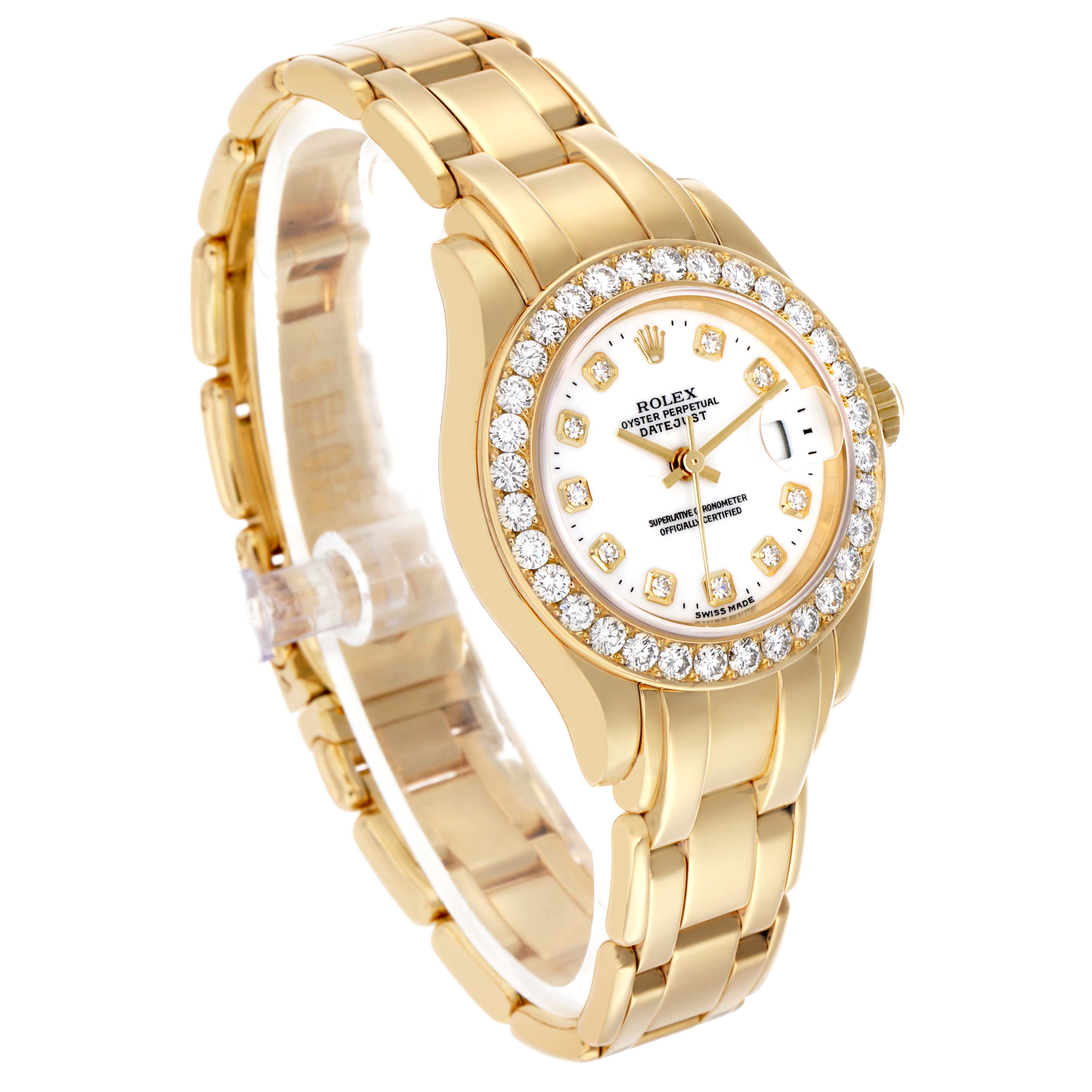 The Rolex Pearlmaster 69298 Women's Yellow Gold White Dial watch is shown from a 3/4 angle, highlighting the face, diamond-set bezel, and bracelet.