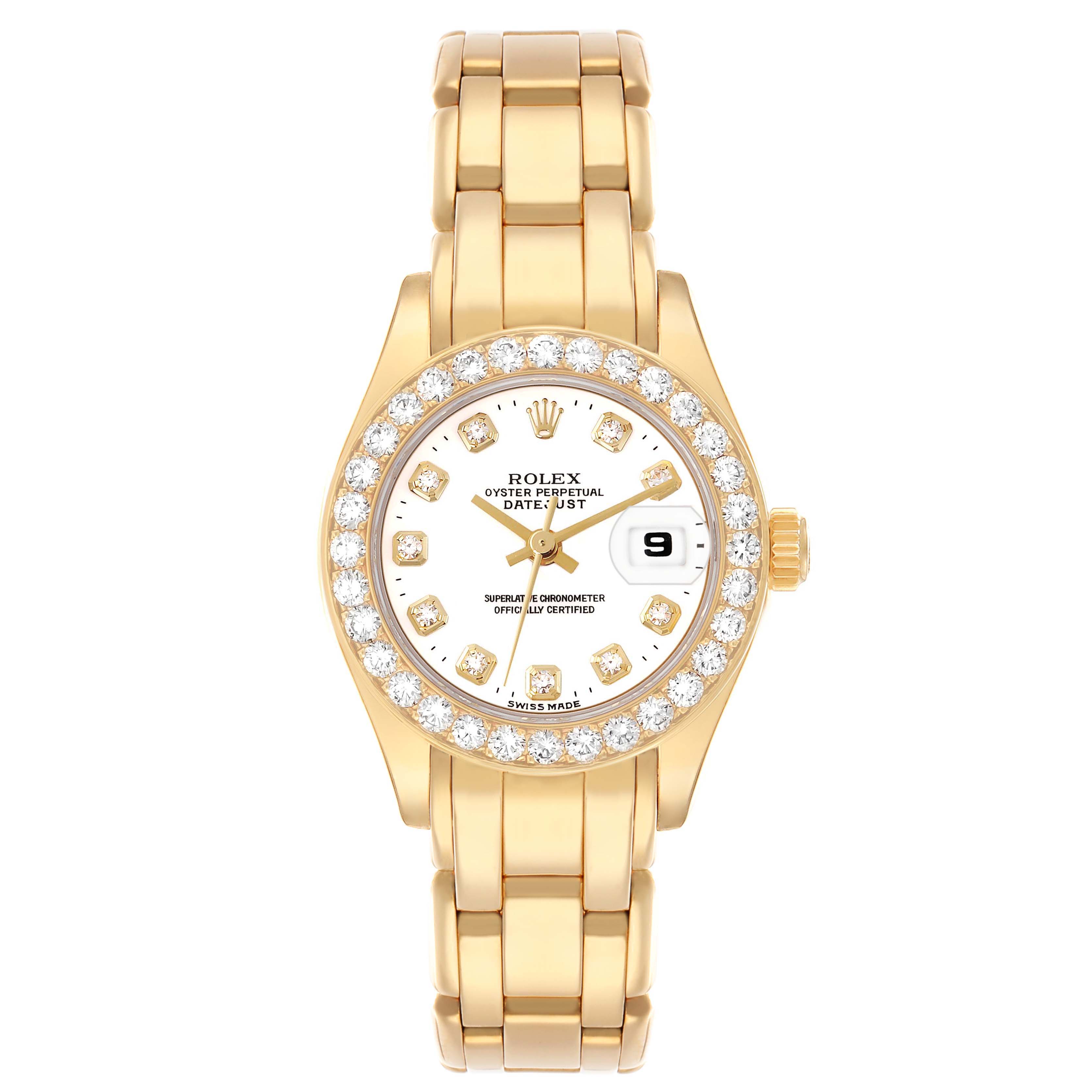 The Rolex Pearlmaster 69298 Women's Yellow Gold White Dial watch is shown from a top view, displaying the diamond bezel, dial, and bracelet.