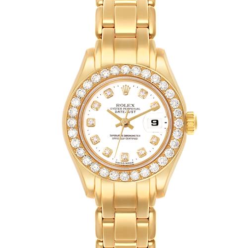 The Rolex Pearlmaster watch is shown from a top view, highlighting the gold bracelet, diamond bezel, and face details.