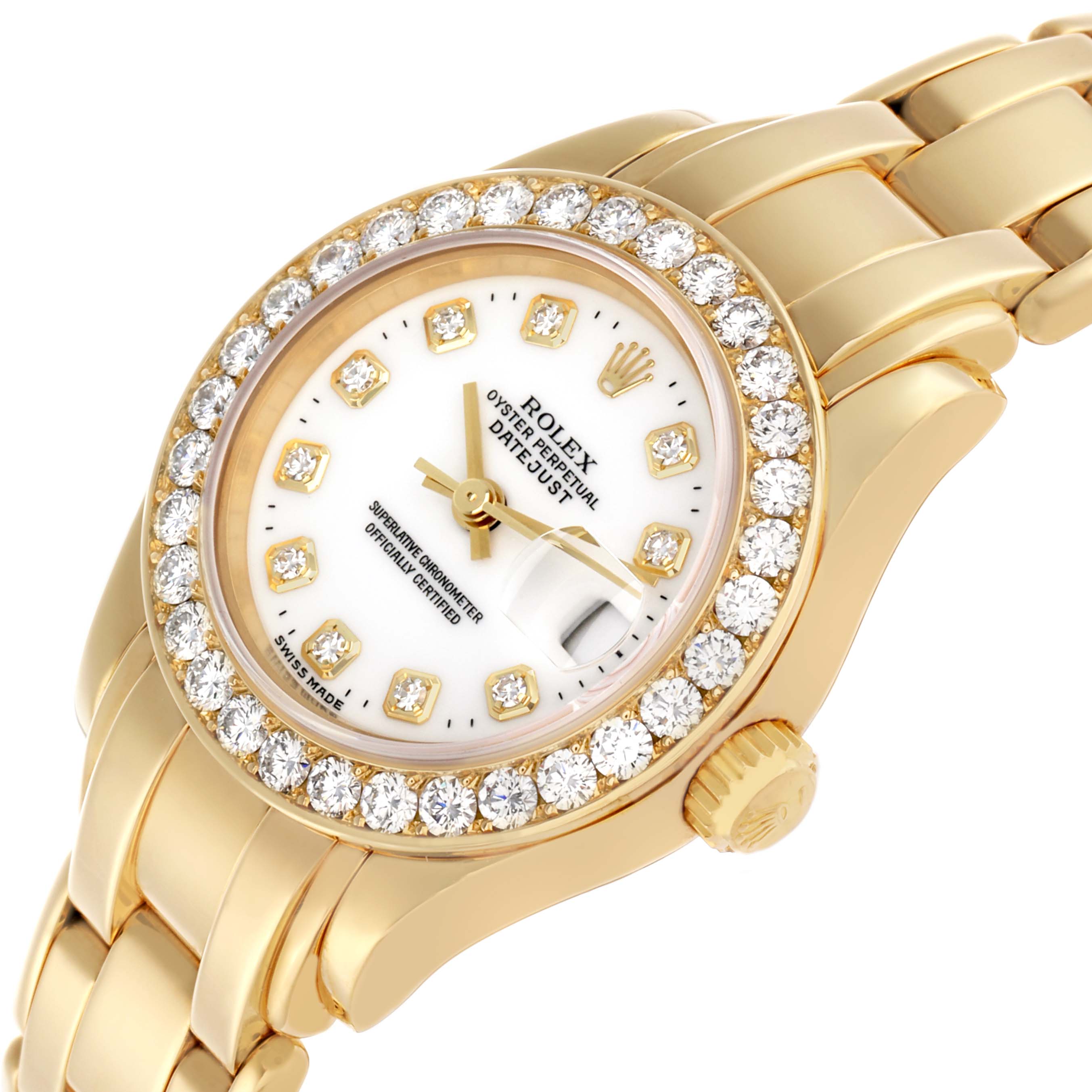 The Rolex Pearlmaster 69298 Women's Yellow Gold White Dial watch is shown from a slightly angled top view, highlighting the diamond bezel and gold bracelet.